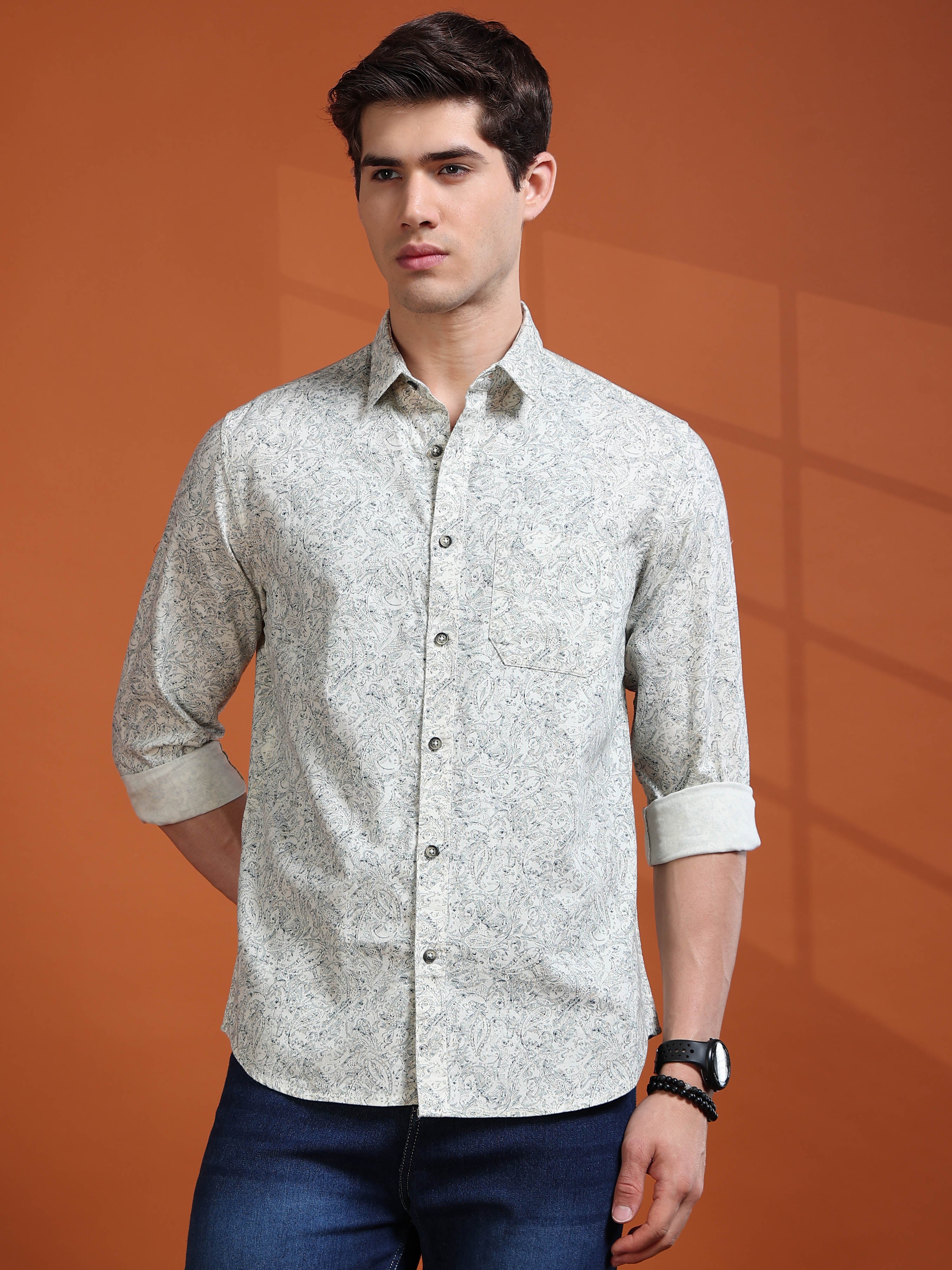 MEN'S EGGRU WHITE PRINT SLIM FIT SHIRT