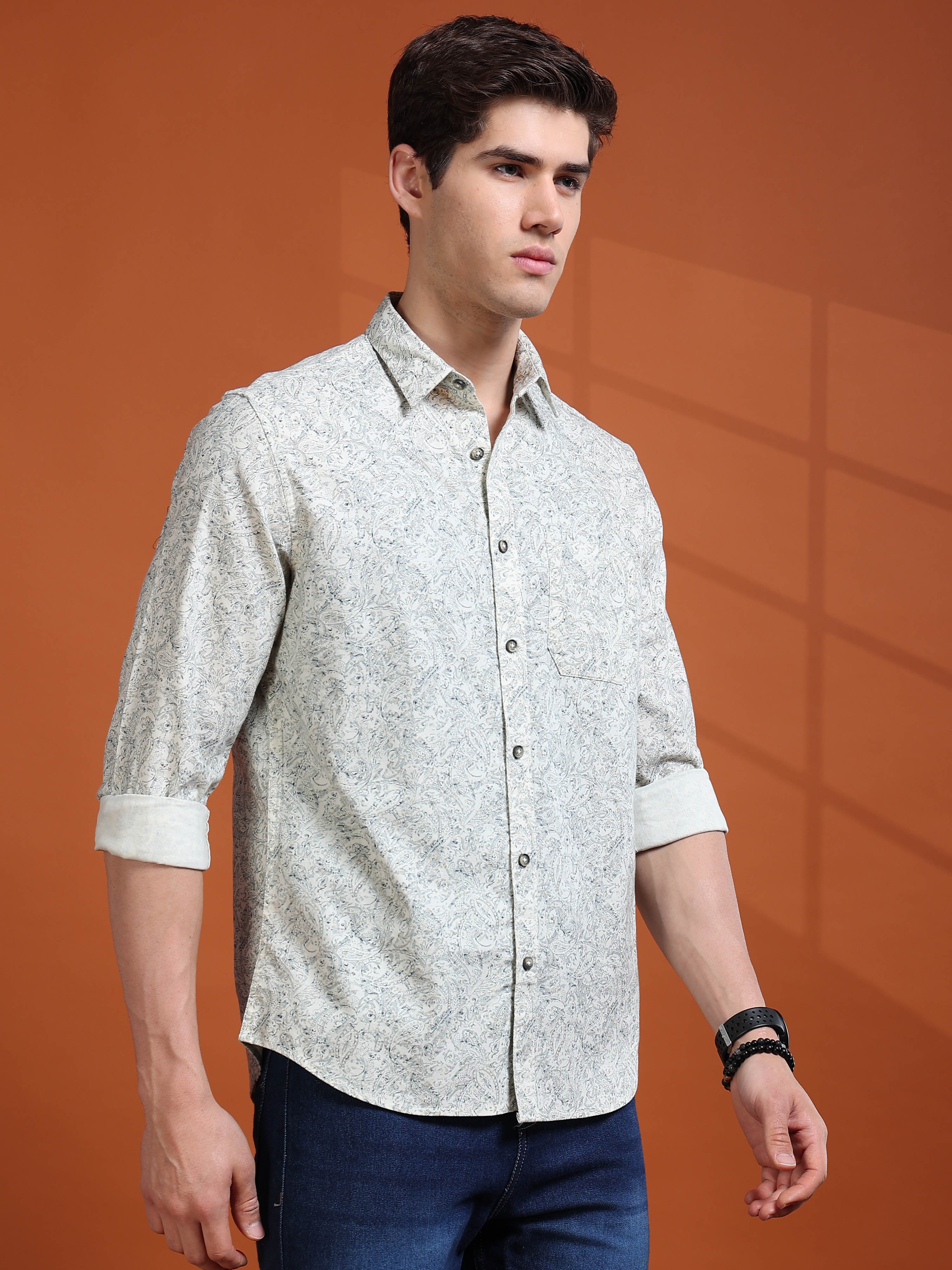 MEN'S EGGRU WHITE PRINT SLIM FIT SHIRT