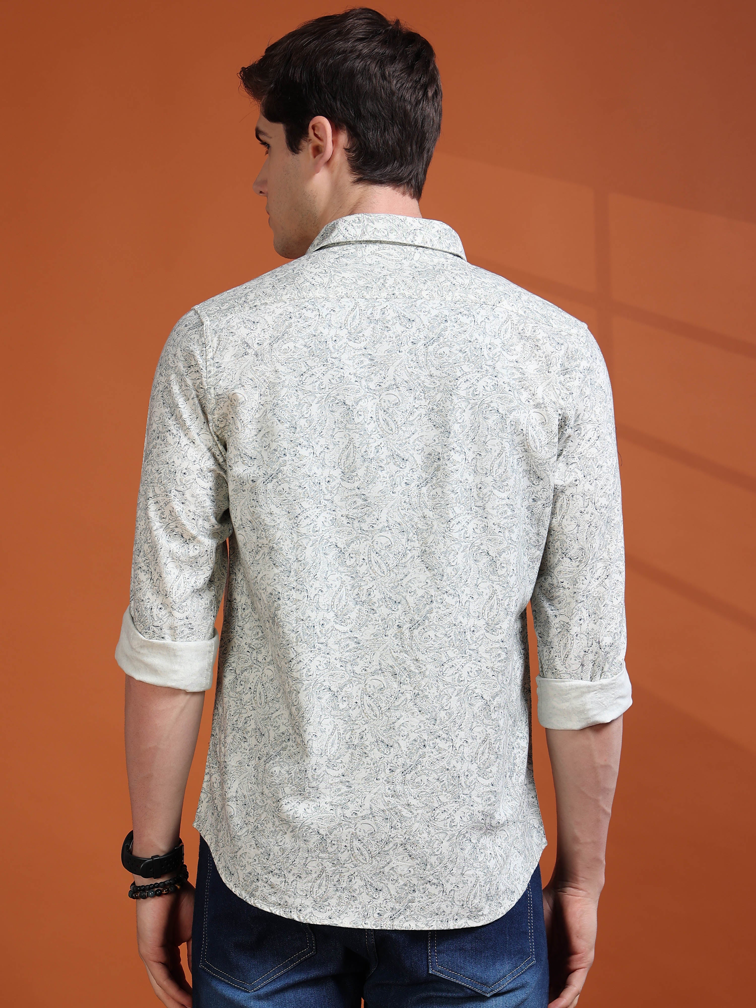 MEN'S EGGRU WHITE PRINT SLIM FIT SHIRT