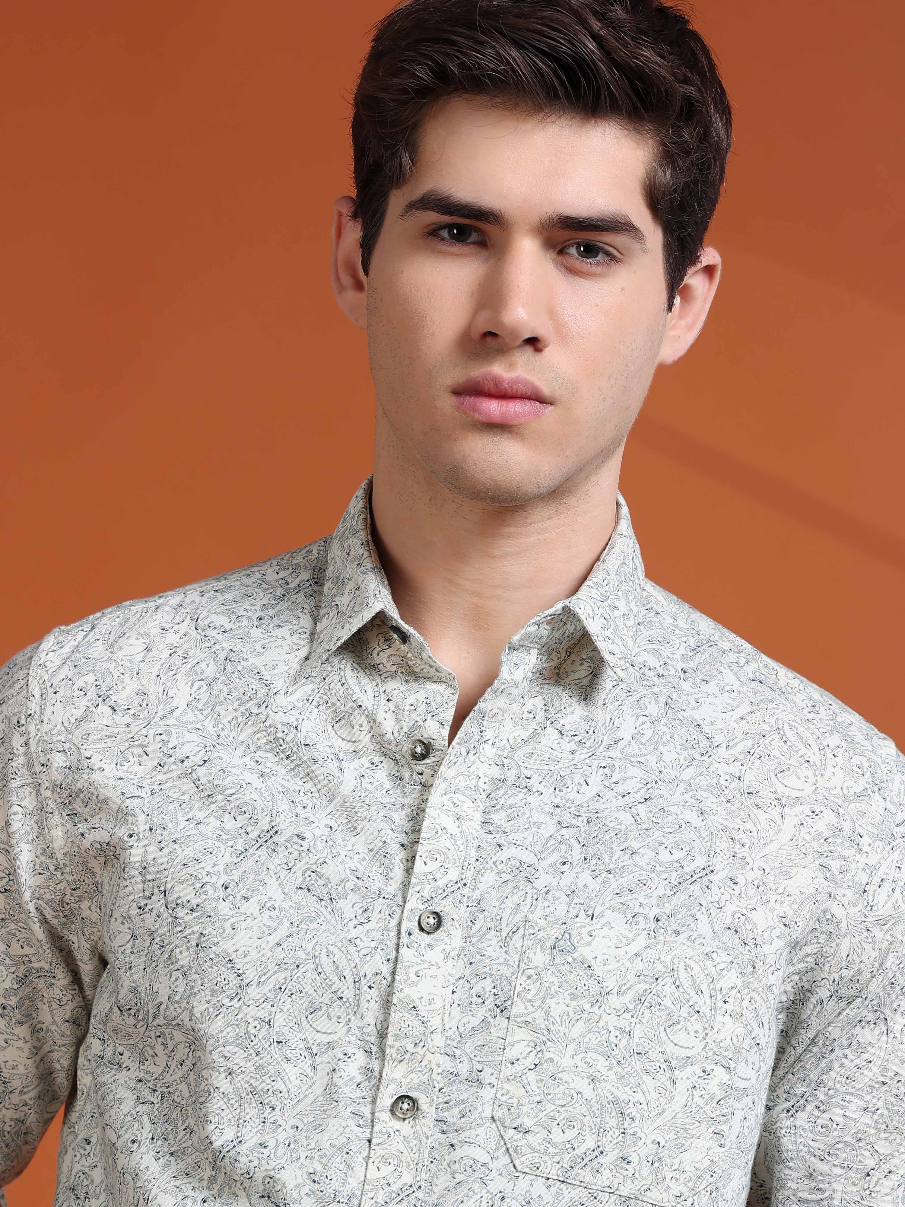 MEN'S EGGRU WHITE PRINT SLIM FIT SHIRT