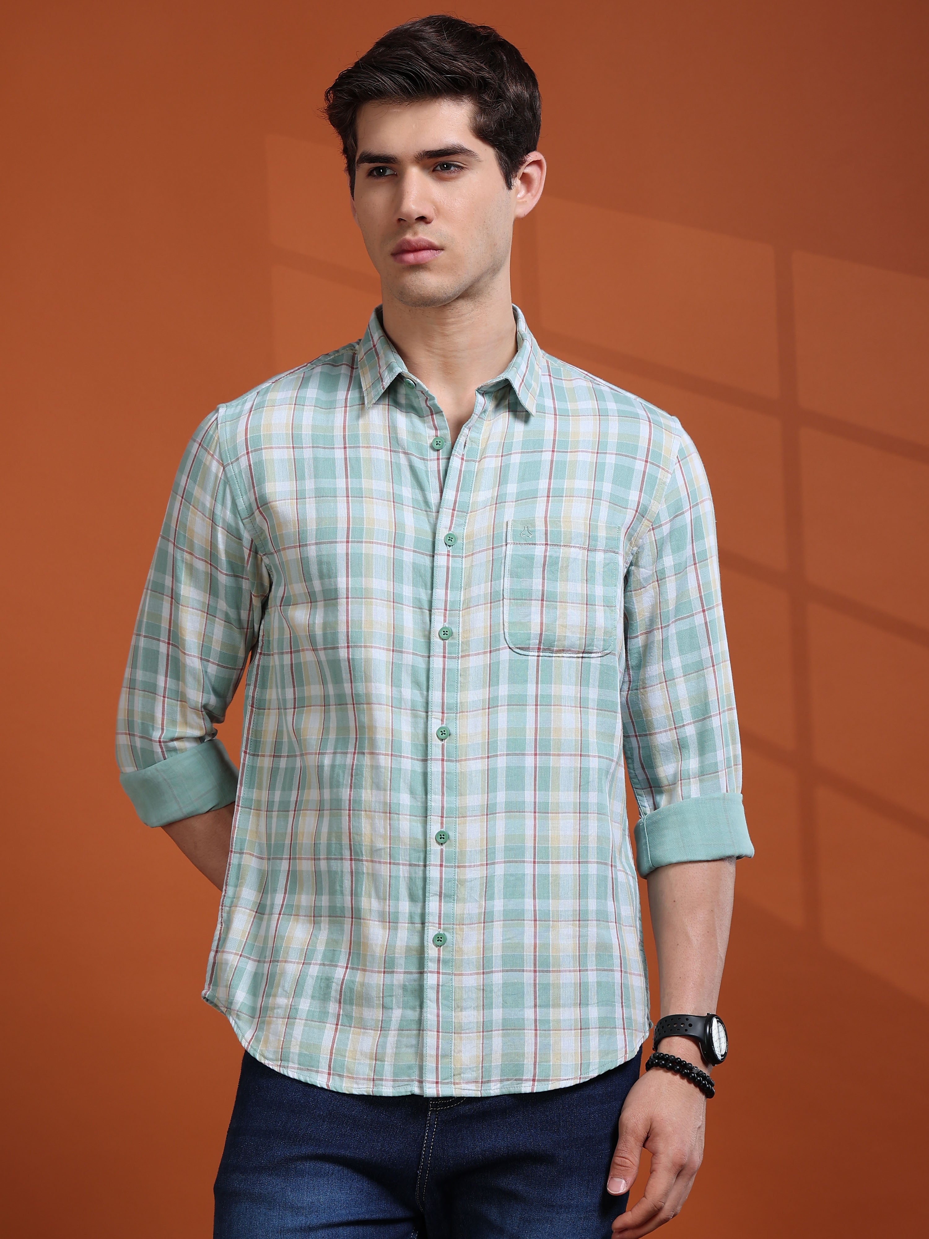 MEN'S GREEN CHECKS SLIM FIT SHIRT