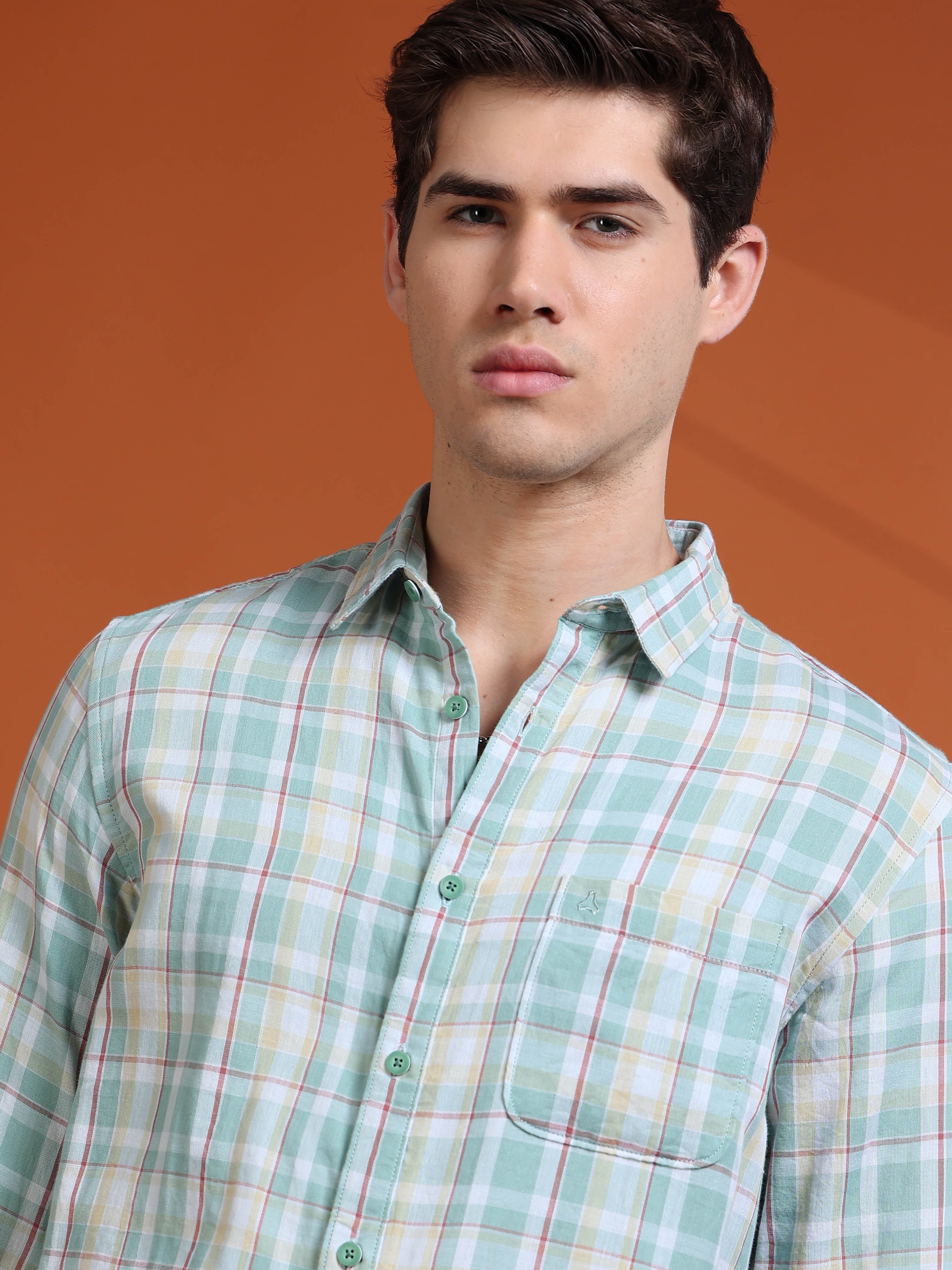 MEN'S GREEN CHECKS SLIM FIT SHIRT