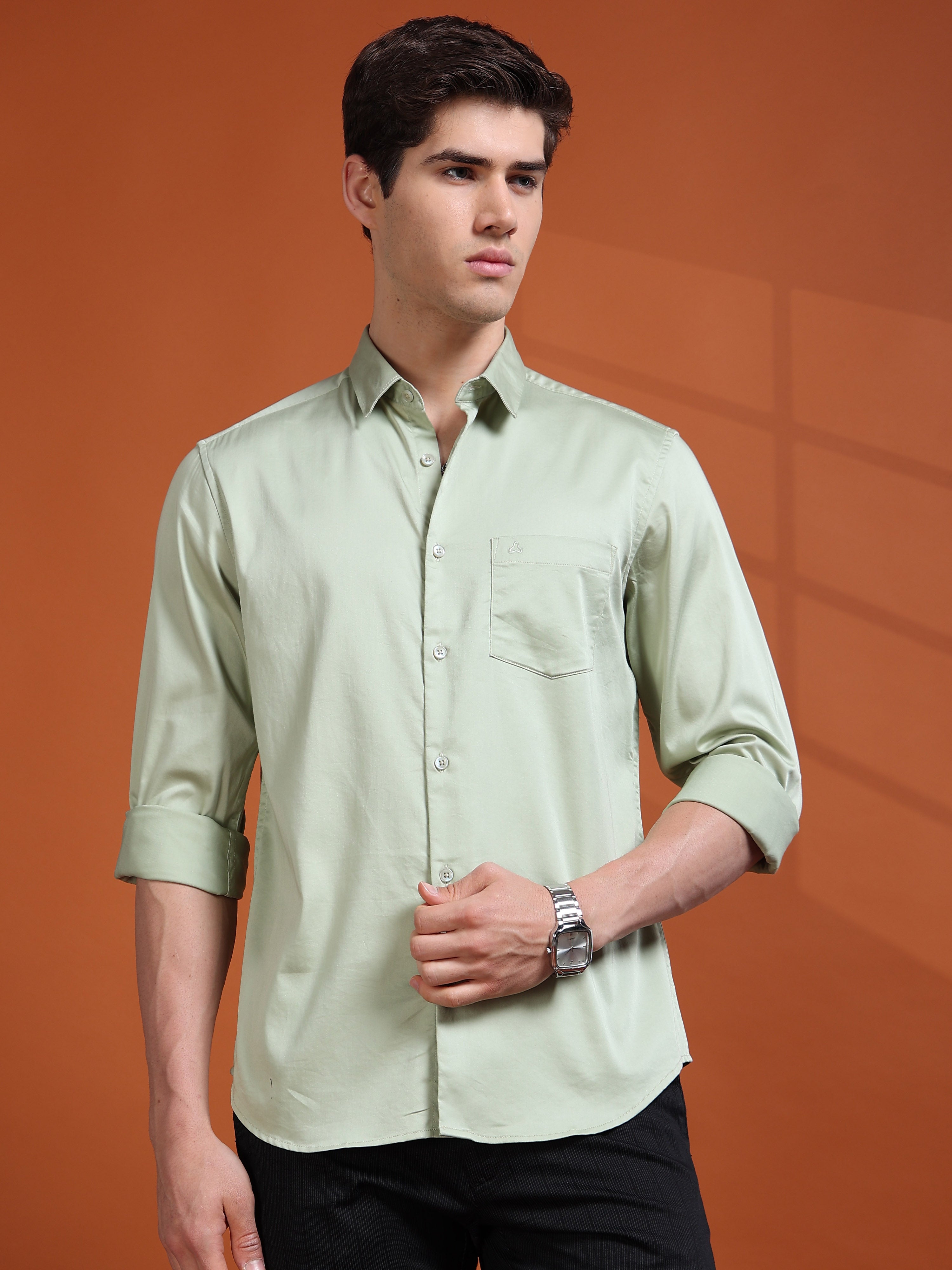 MEN'S PISTA GREEN SOLID SLIM FIT SHIRT