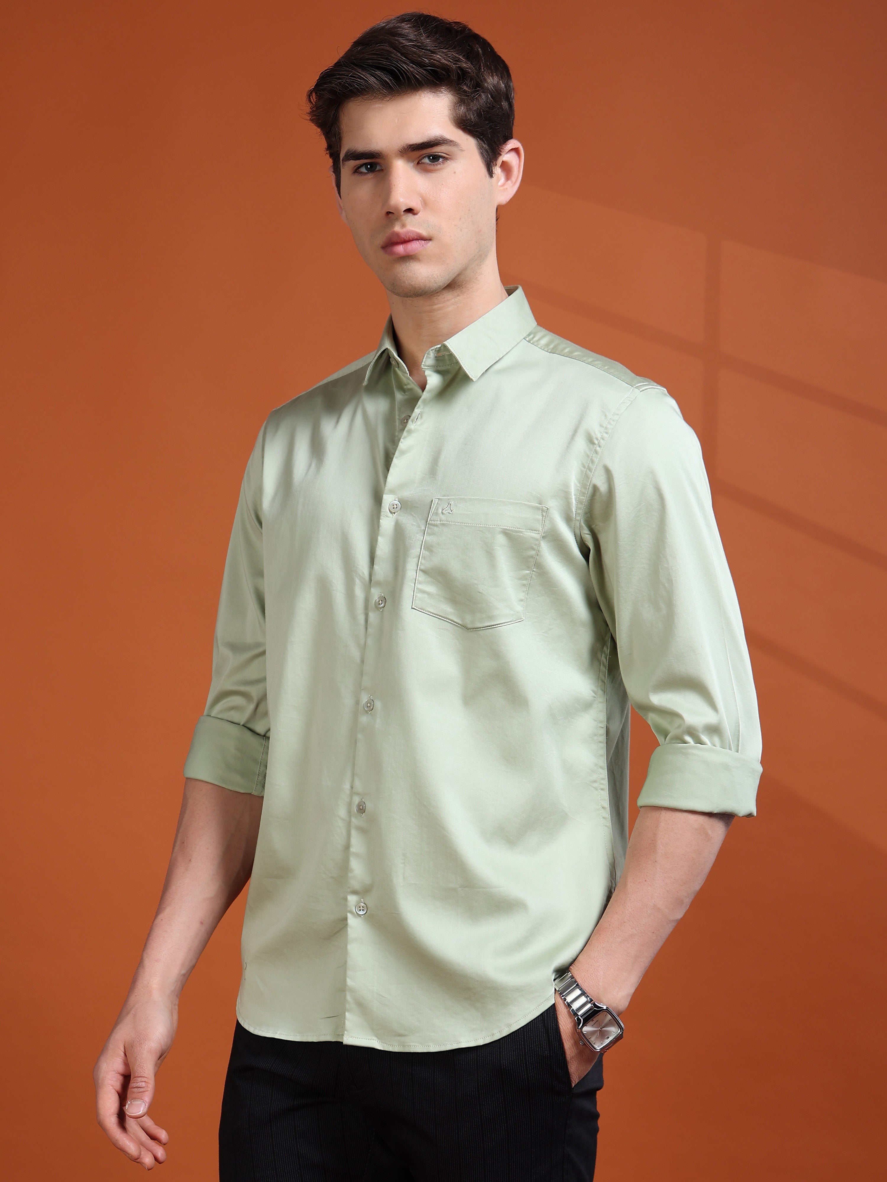 MEN'S PISTA GREEN SOLID SLIM FIT SHIRT
