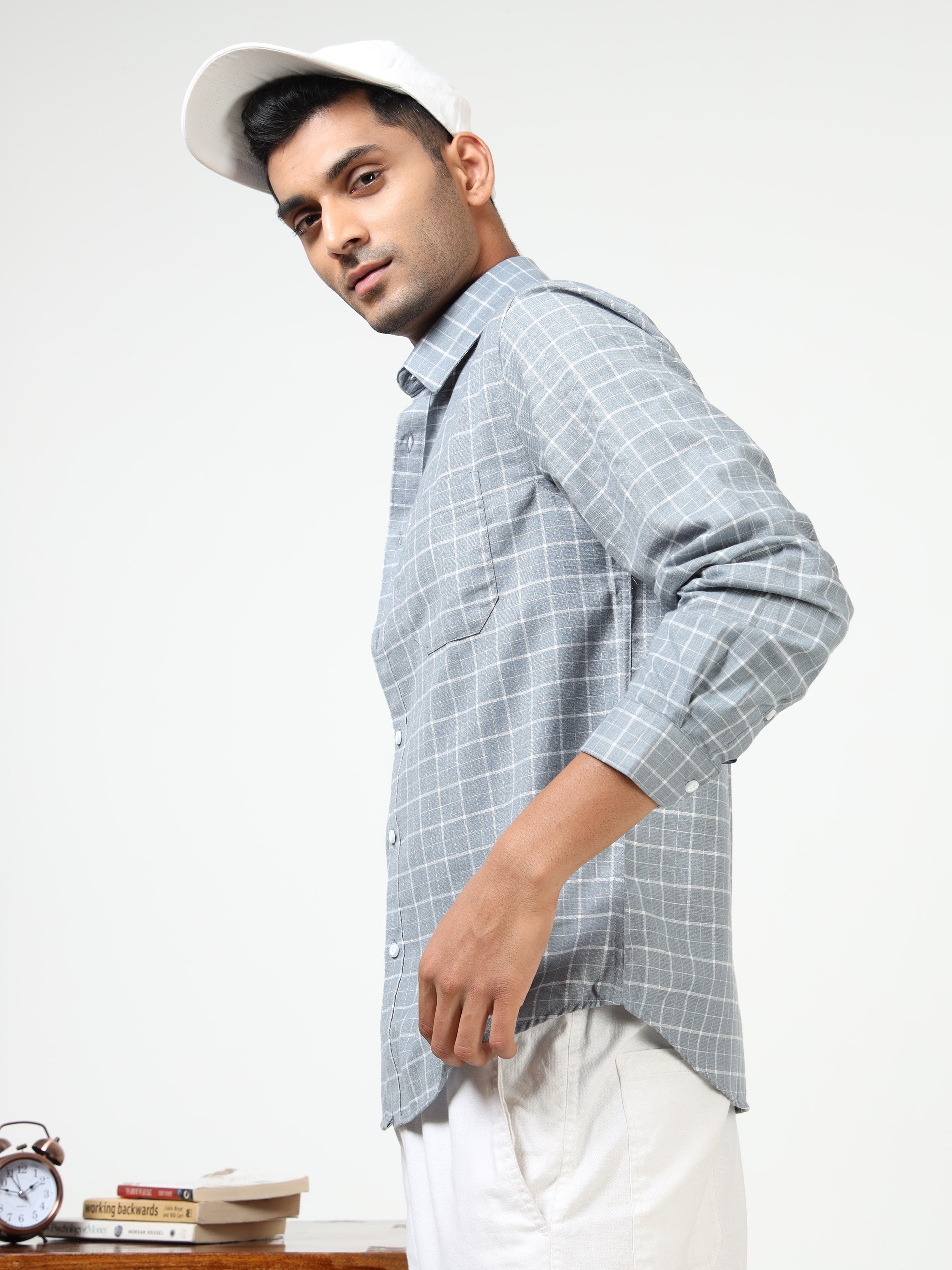 MEN'S LT BLUE CHECKS SLIM FIT SHIRT