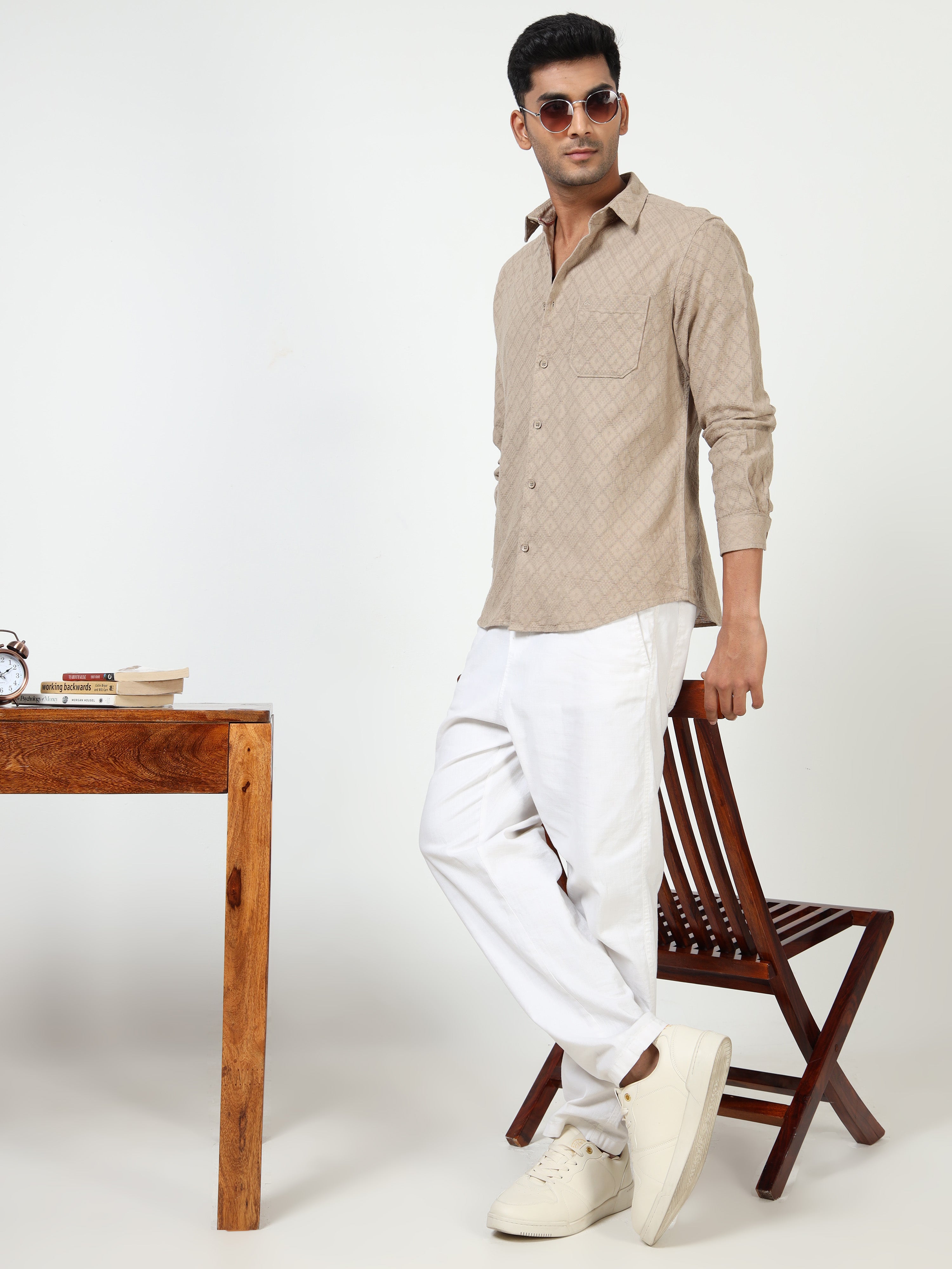 MEN'S BEIGE SOLID SLIM FIT SHIRT