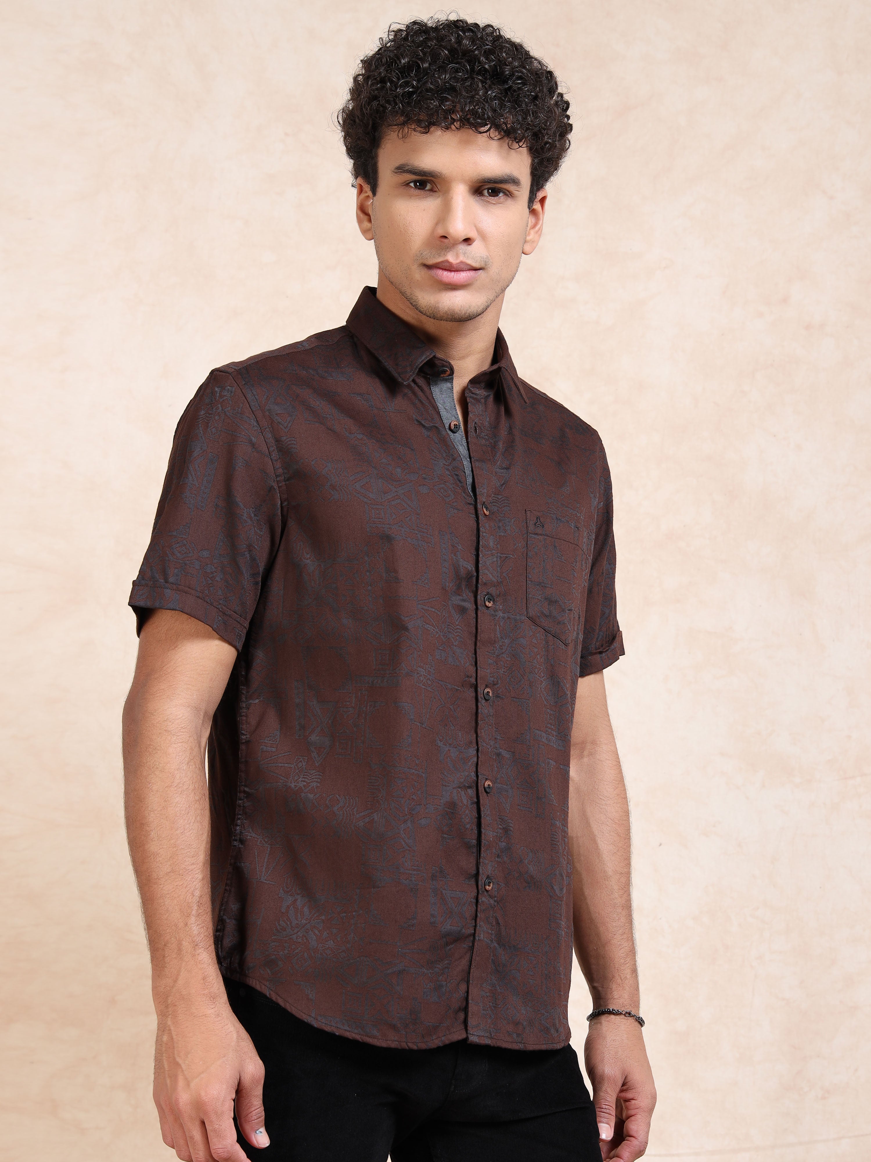 MEN'S RUST SELF DESIGN SLIM FIT SHIRT
