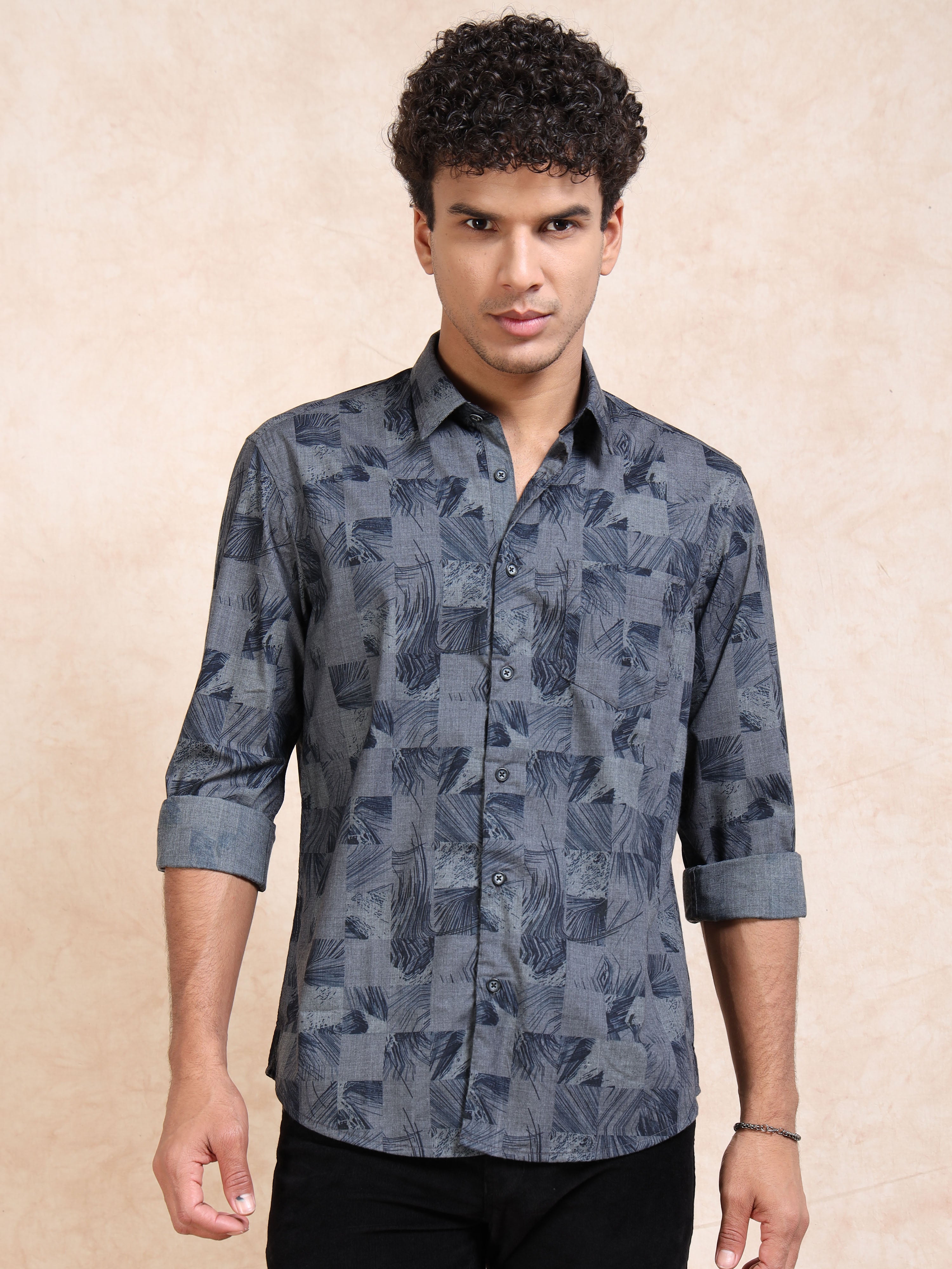 MEN'S NAVY PRINT SLIM FIT SHIRT