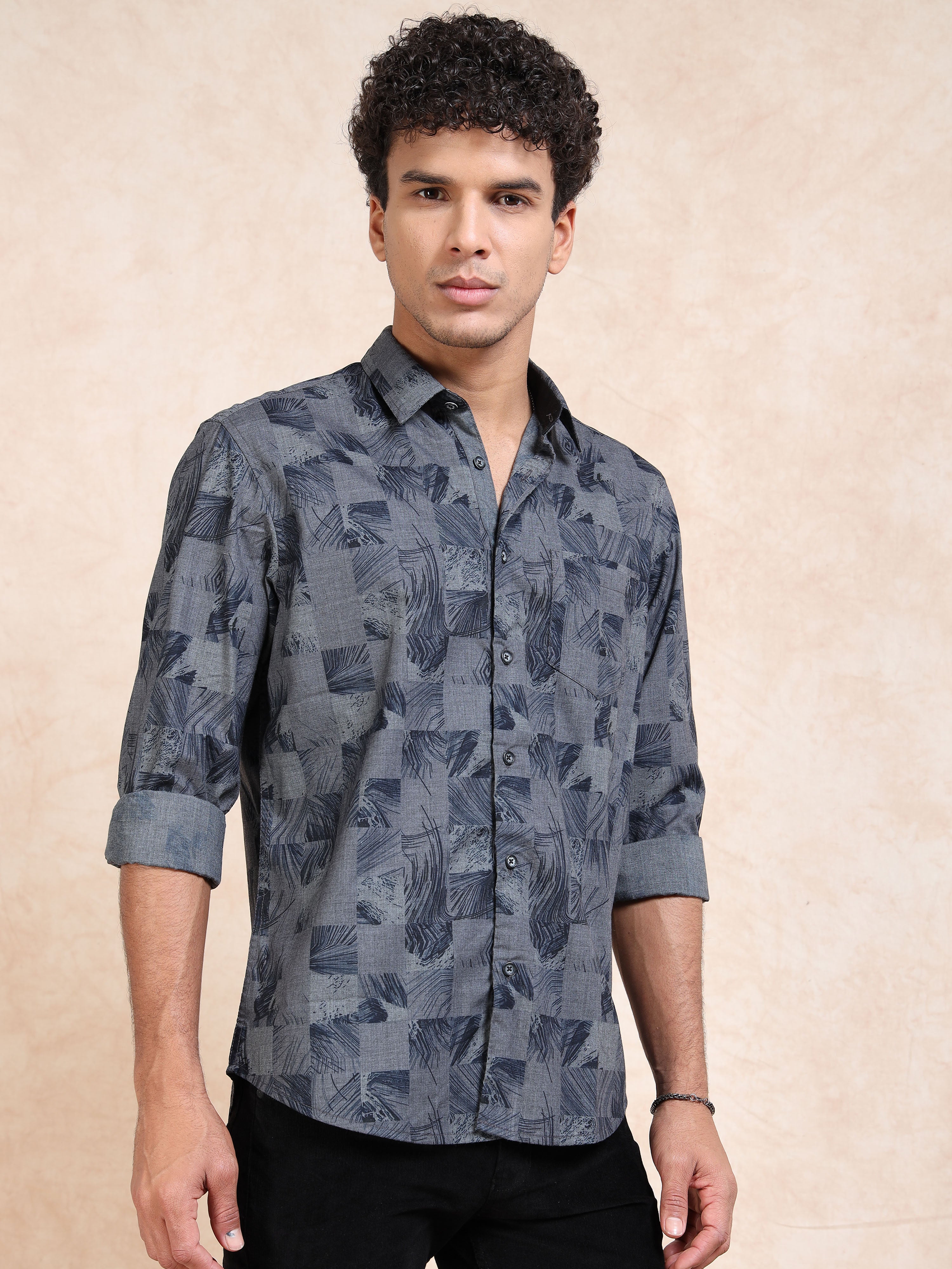 MEN'S NAVY PRINT SLIM FIT SHIRT