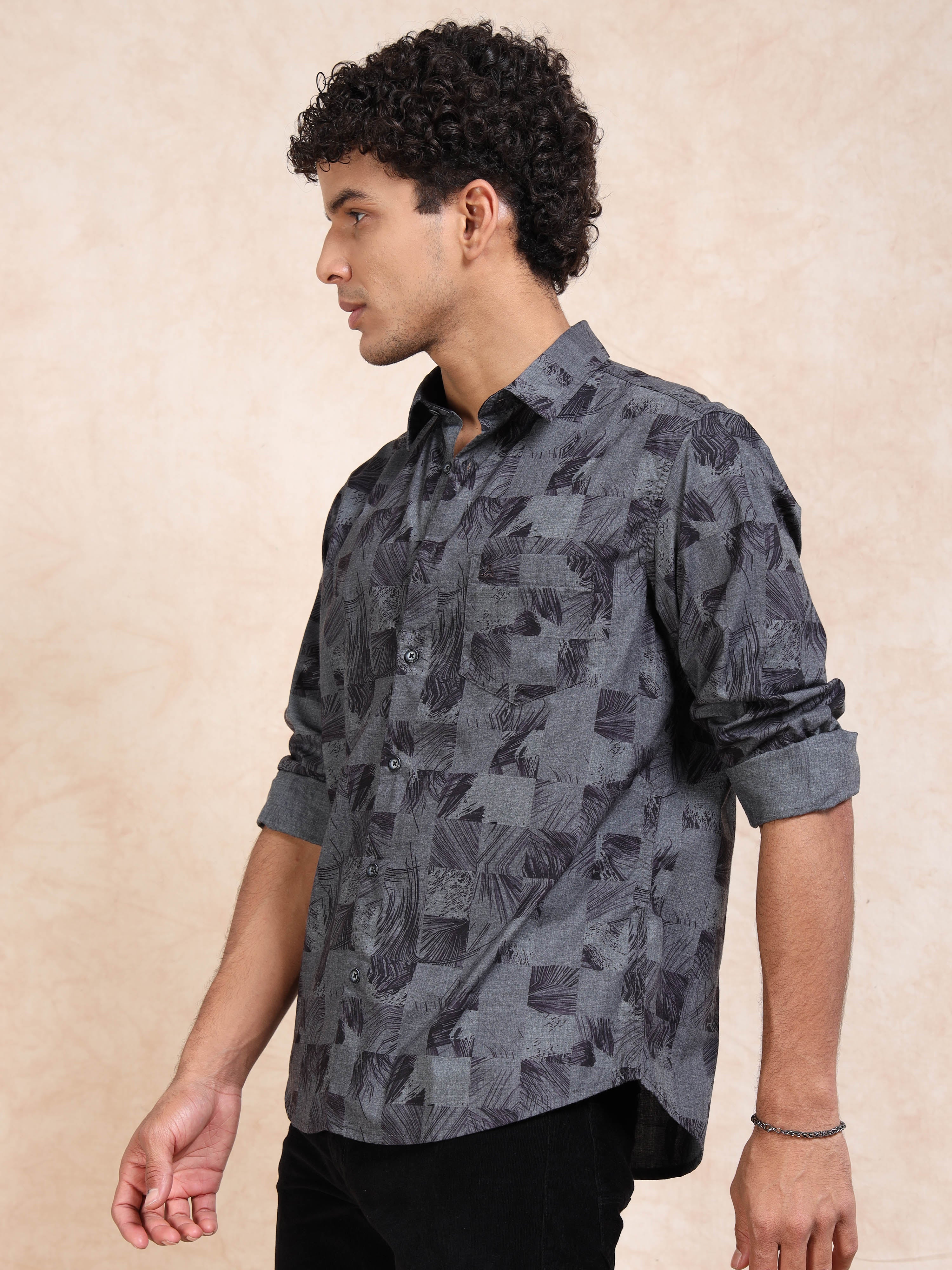 MEN'S BLACK PRINT SLIM FIT SHIRT