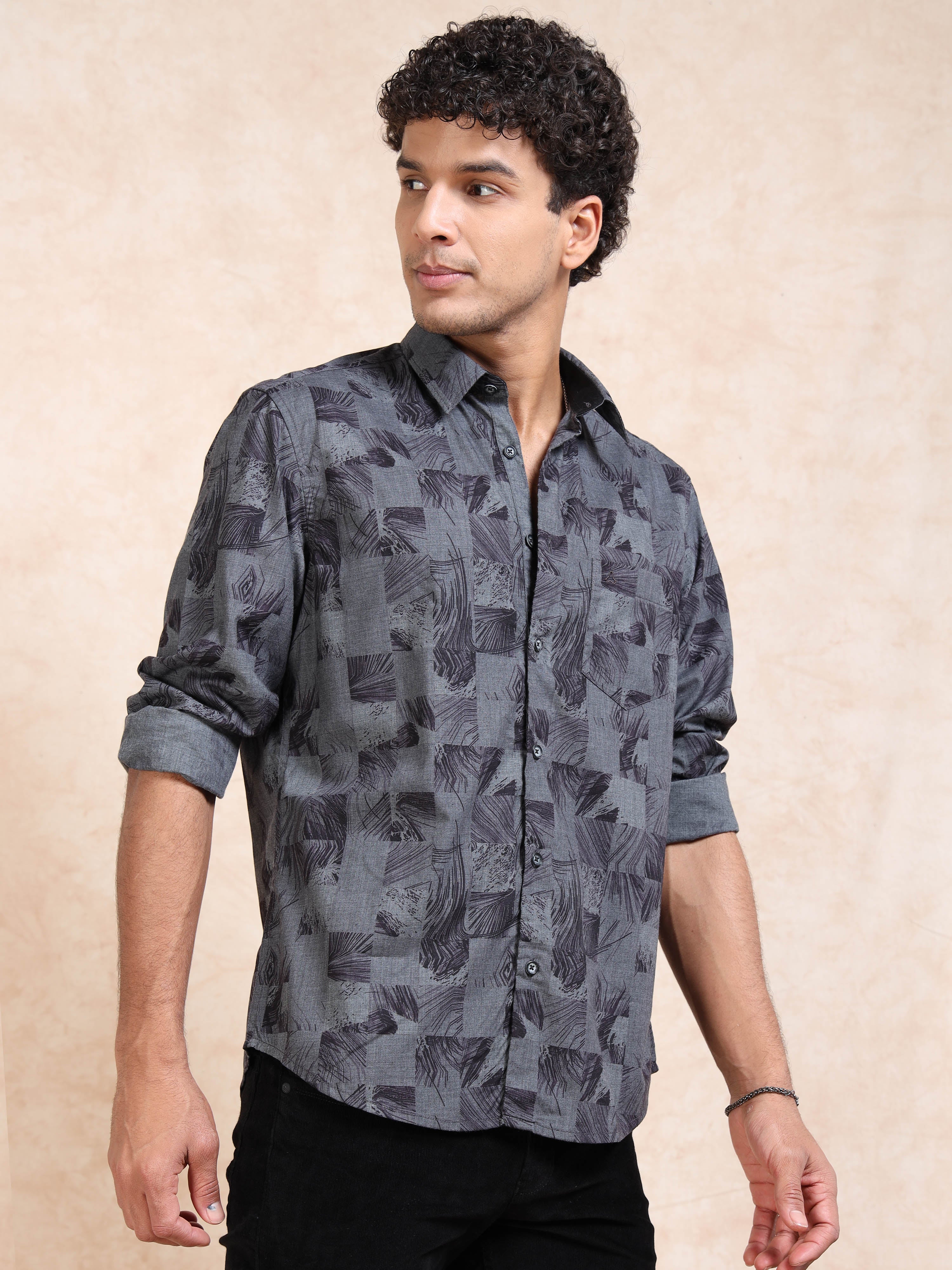 MEN'S BLACK PRINT SLIM FIT SHIRT