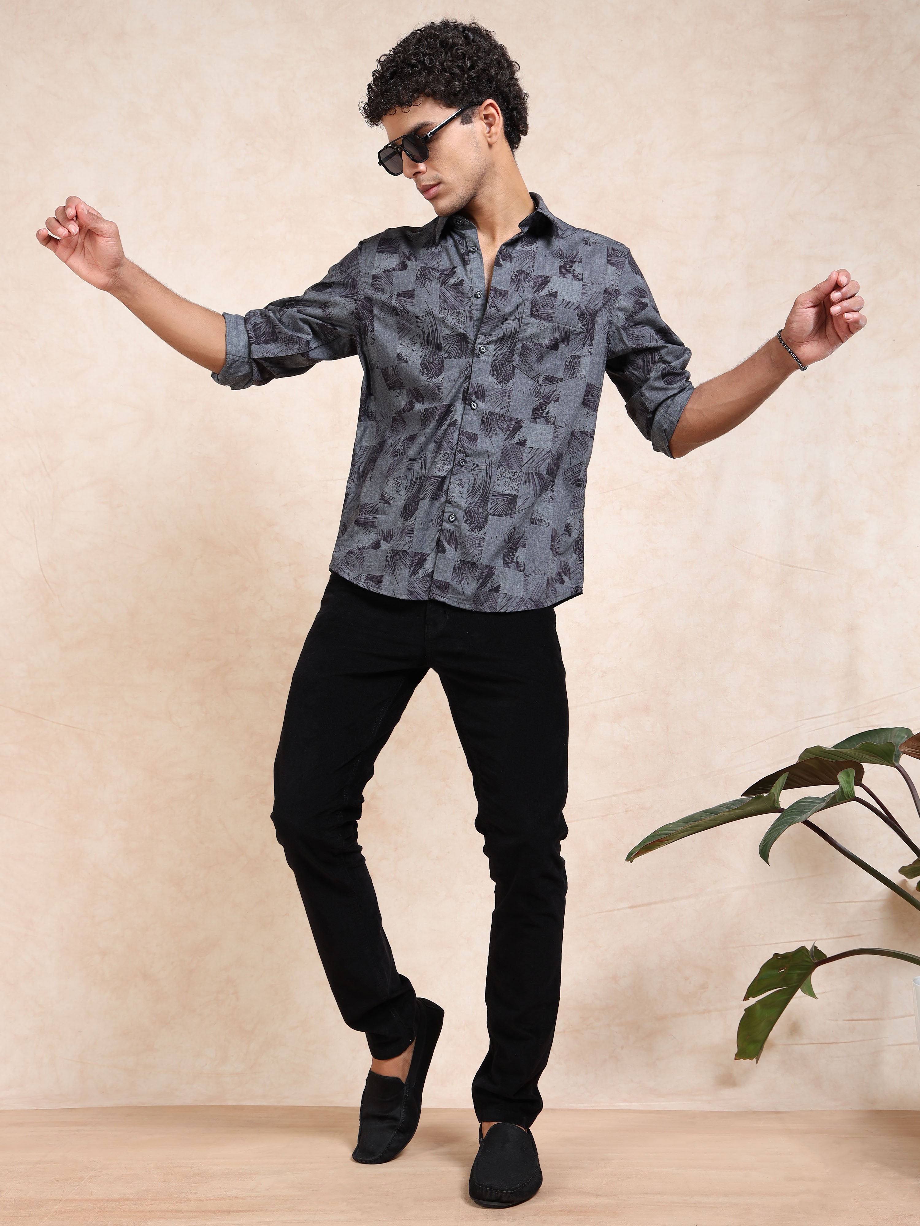 MEN'S BLACK PRINT SLIM FIT SHIRT