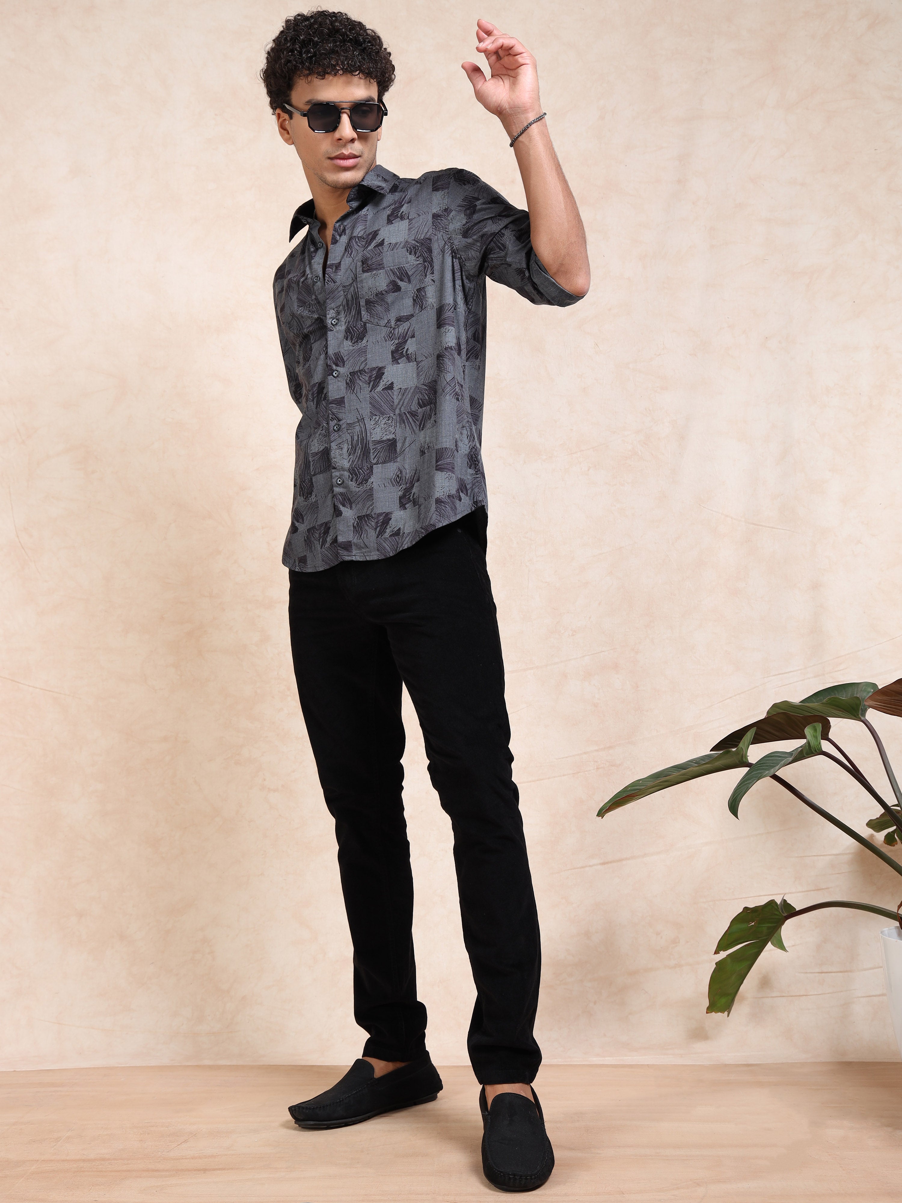 MEN'S BLACK PRINT SLIM FIT SHIRT