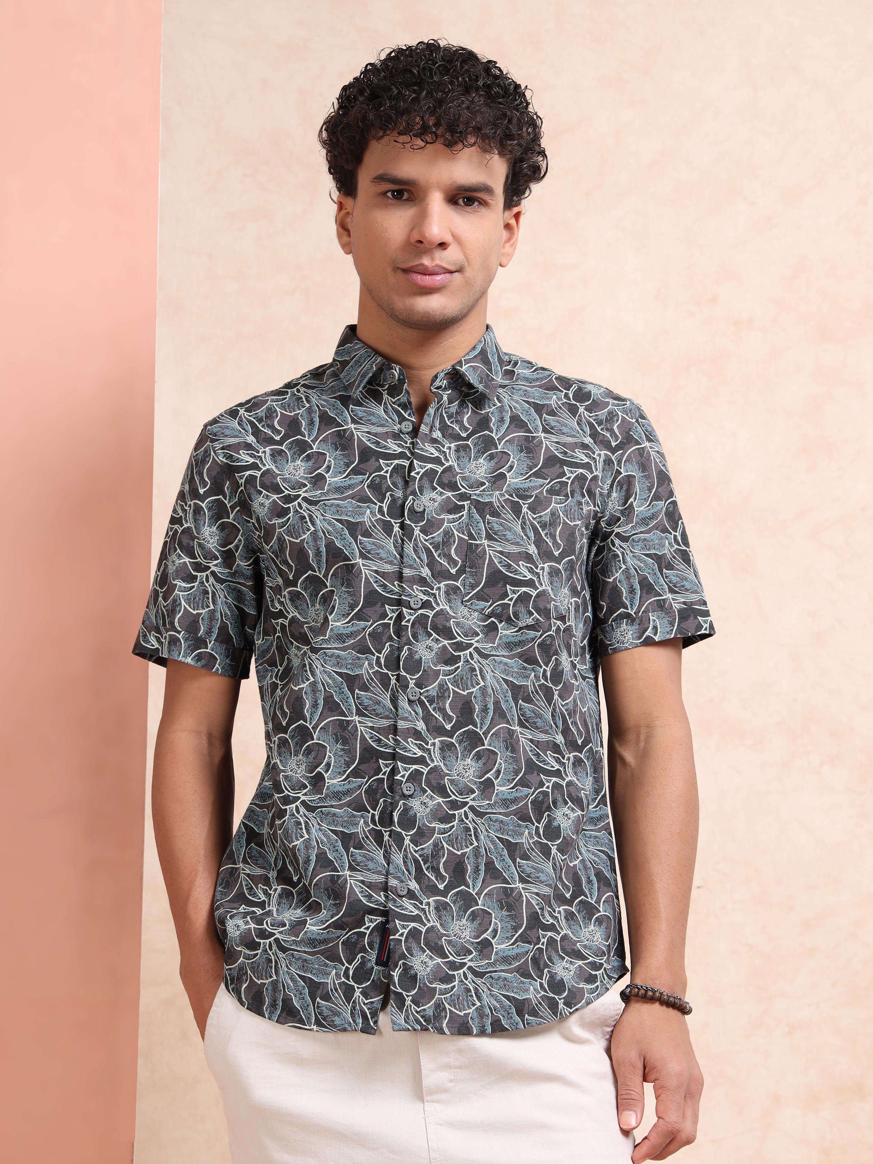 MEN'S DK.GREY PRINT SLIM FIT SHIRT