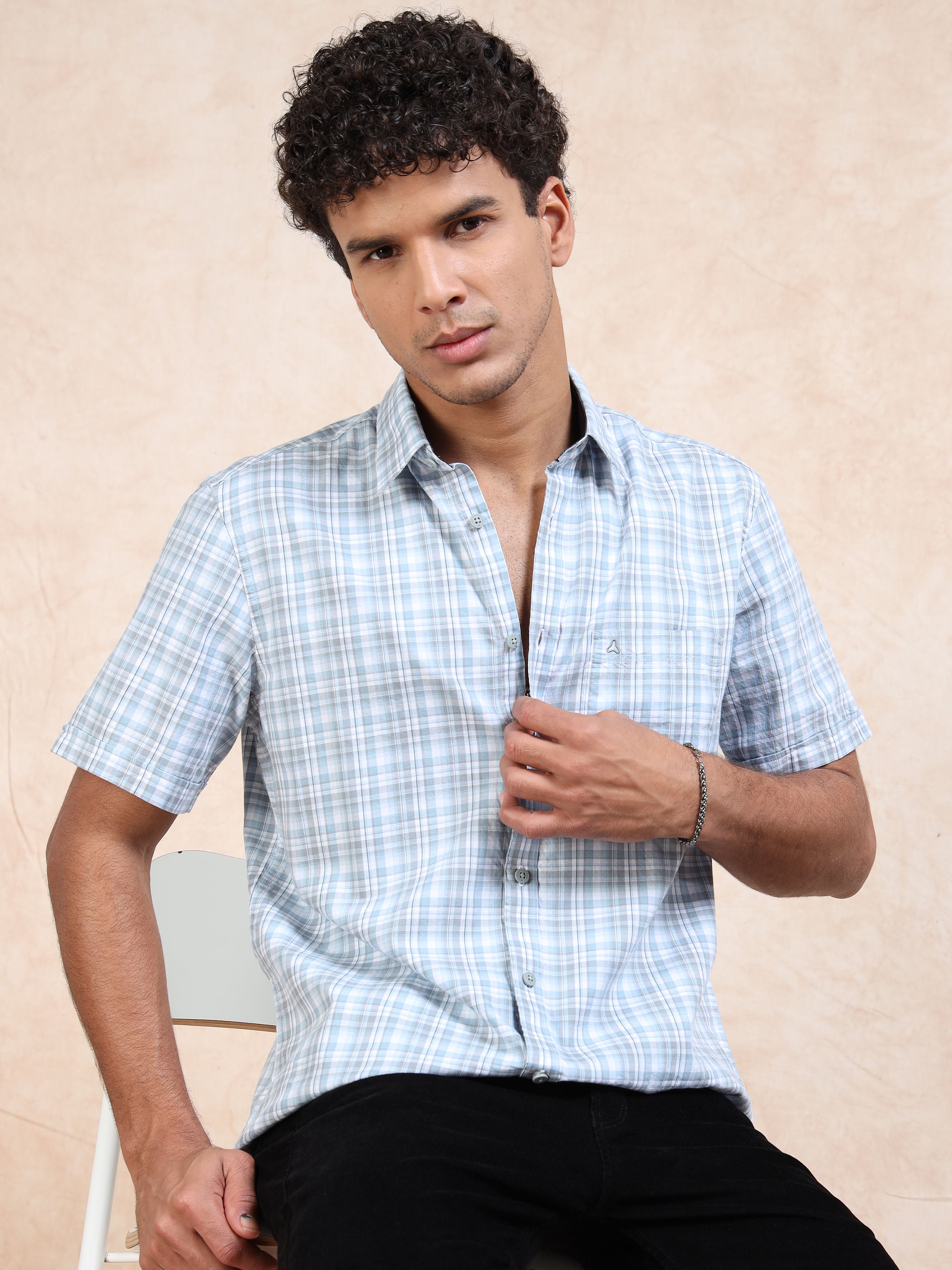 MEN'S LT.BLUE CHECKS SLIM FIT SHIRT