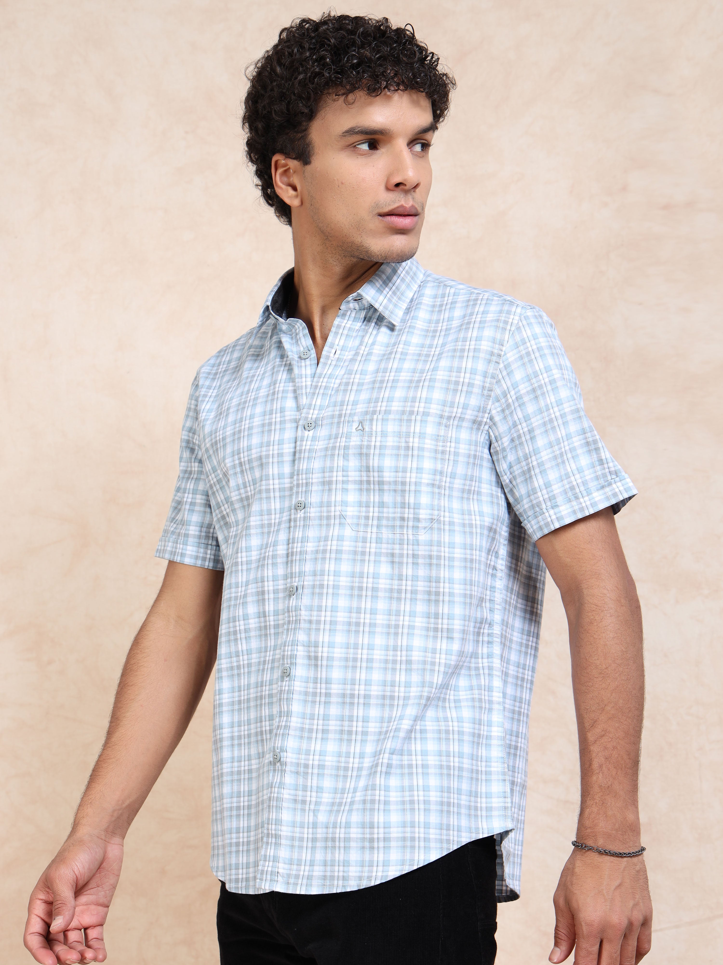 MEN'S LT.BLUE CHECKS SLIM FIT SHIRT