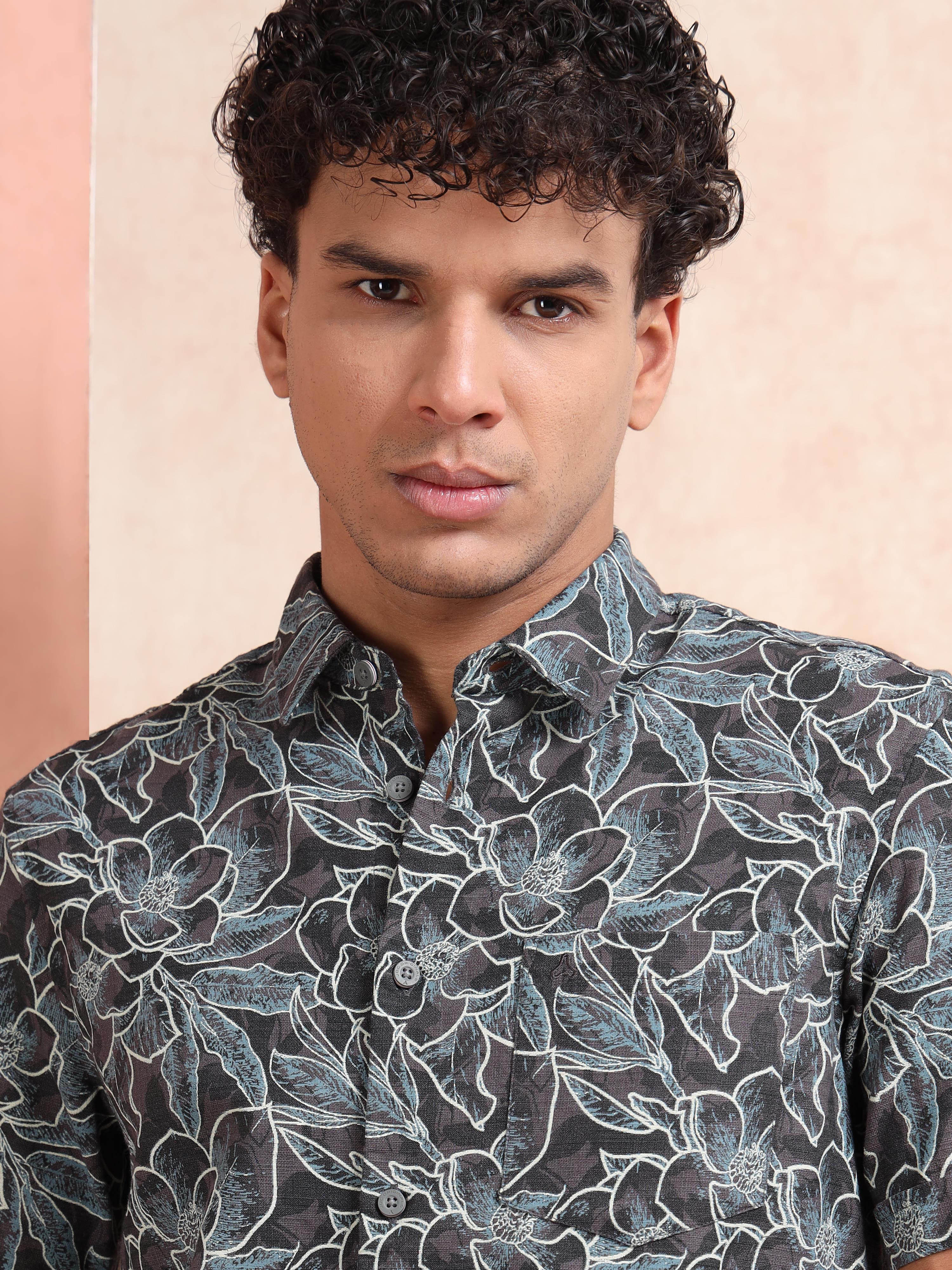 MEN'S DK.GREY PRINT SLIM FIT SHIRT