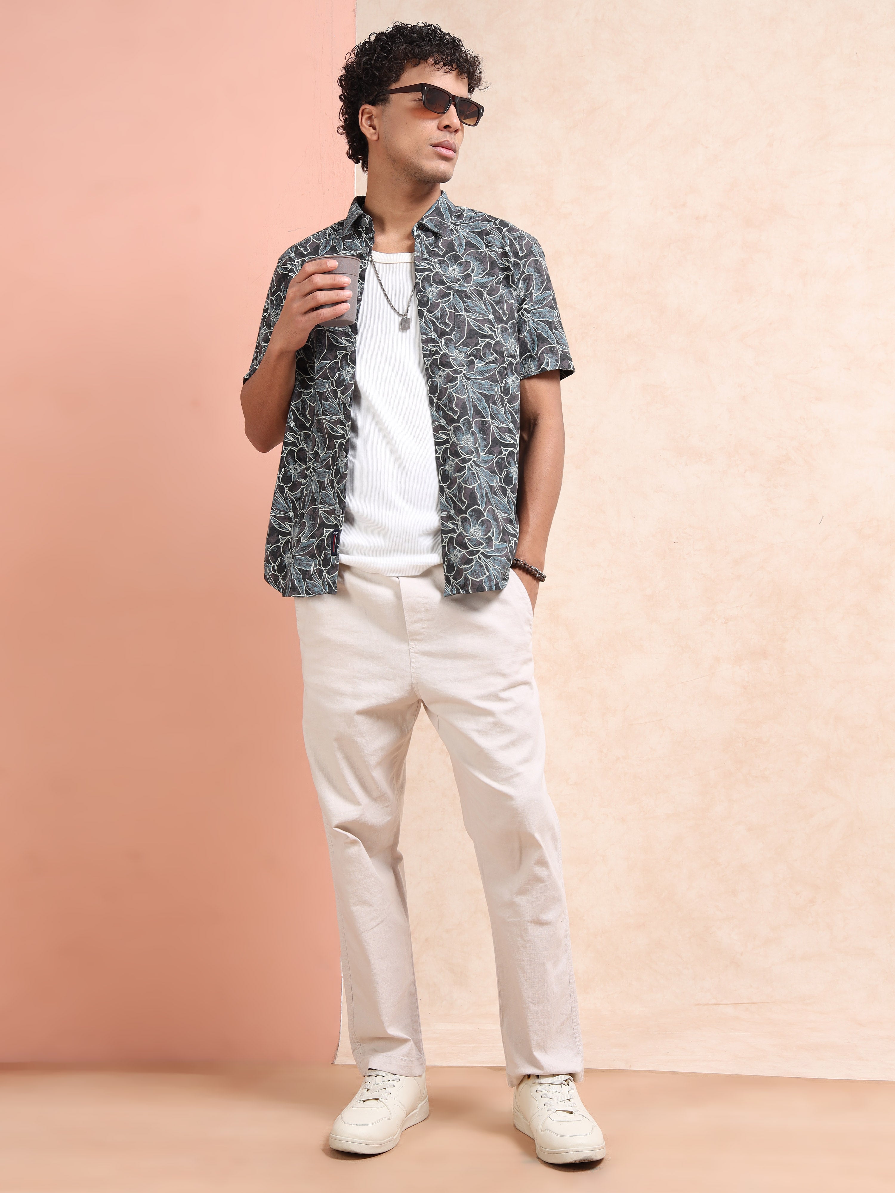 MEN'S DK.GREY PRINT SLIM FIT SHIRT