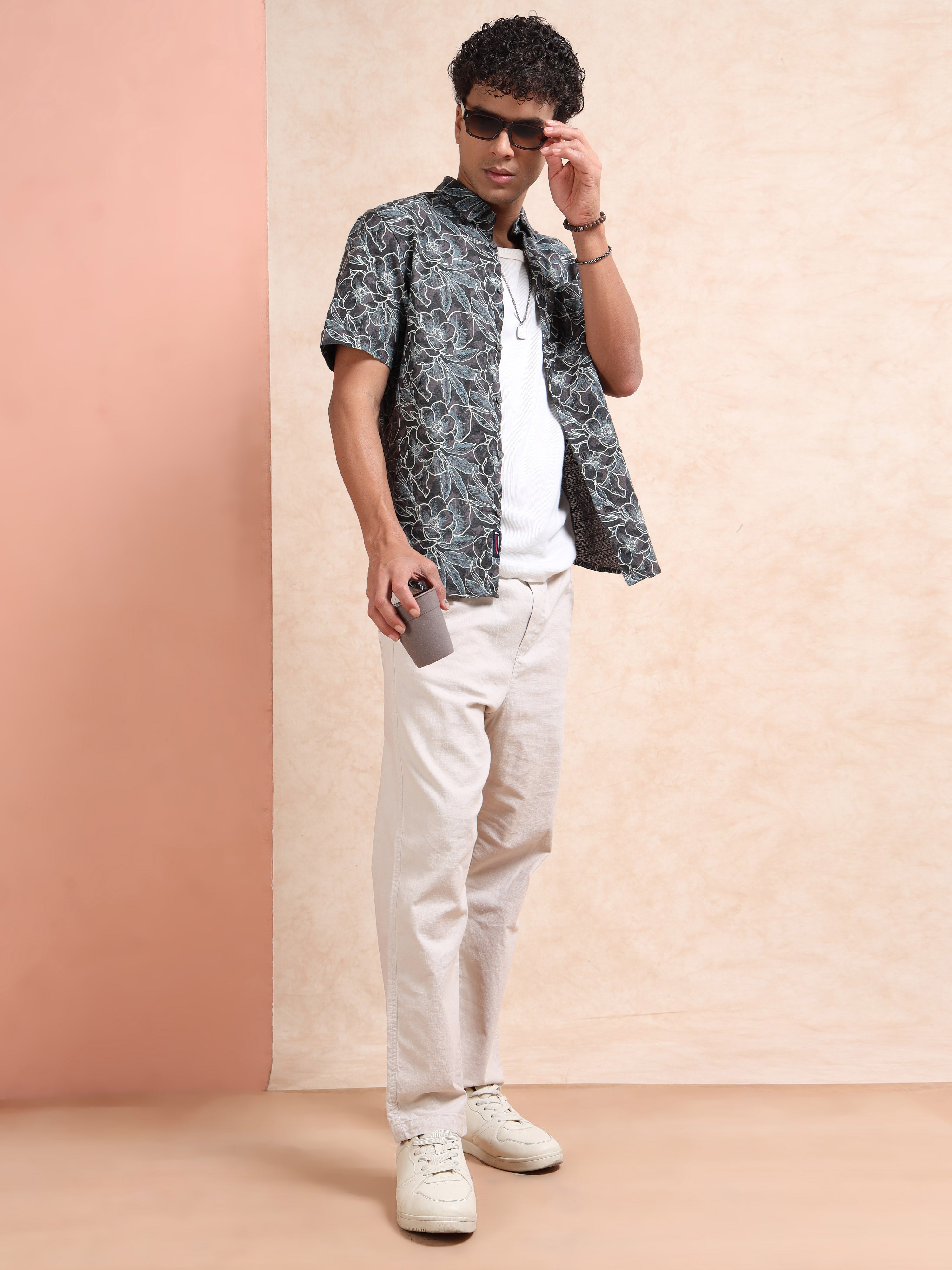 MEN'S DK.GREY PRINT SLIM FIT SHIRT