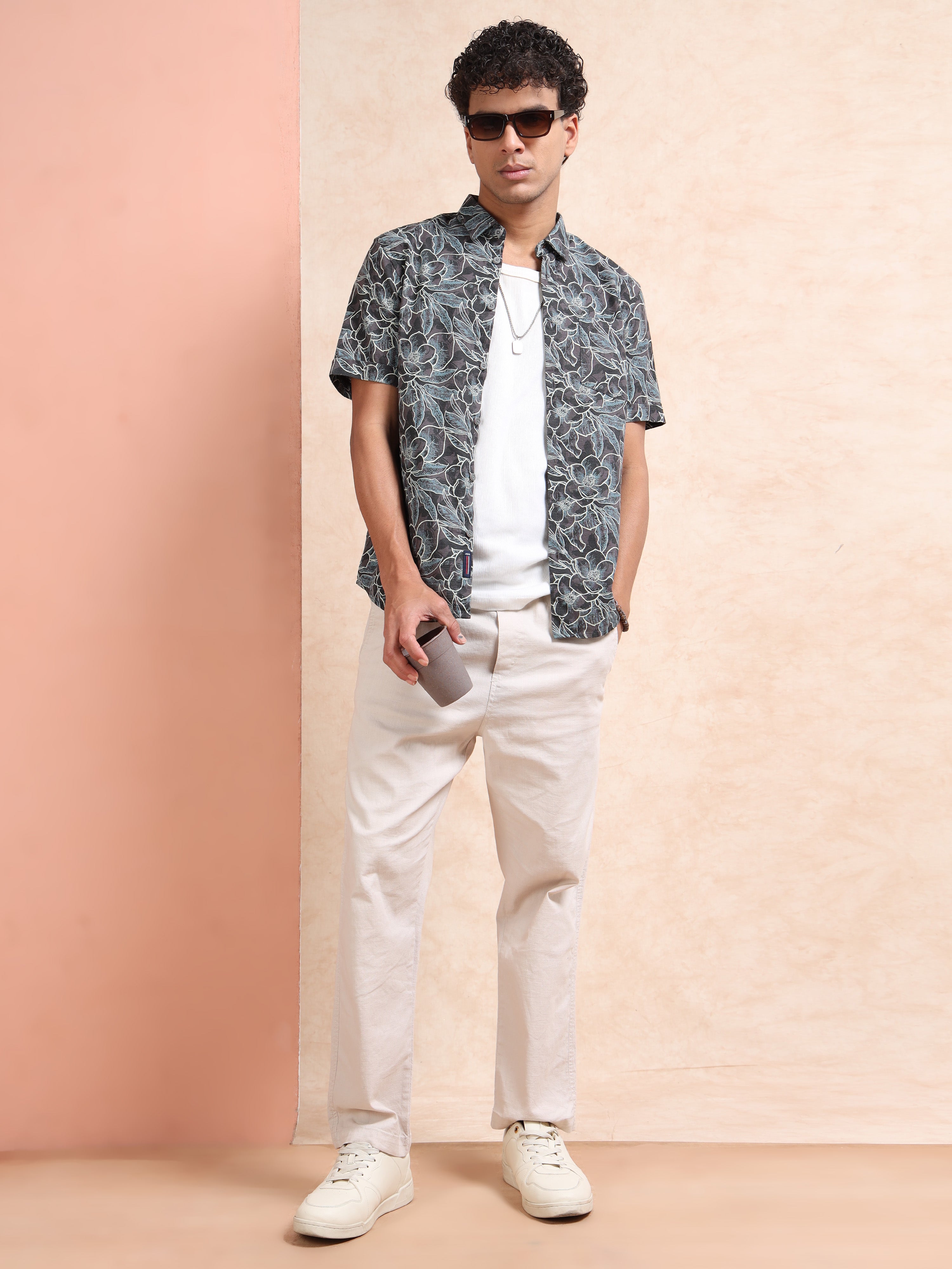 MEN'S DK.GREY PRINT SLIM FIT SHIRT