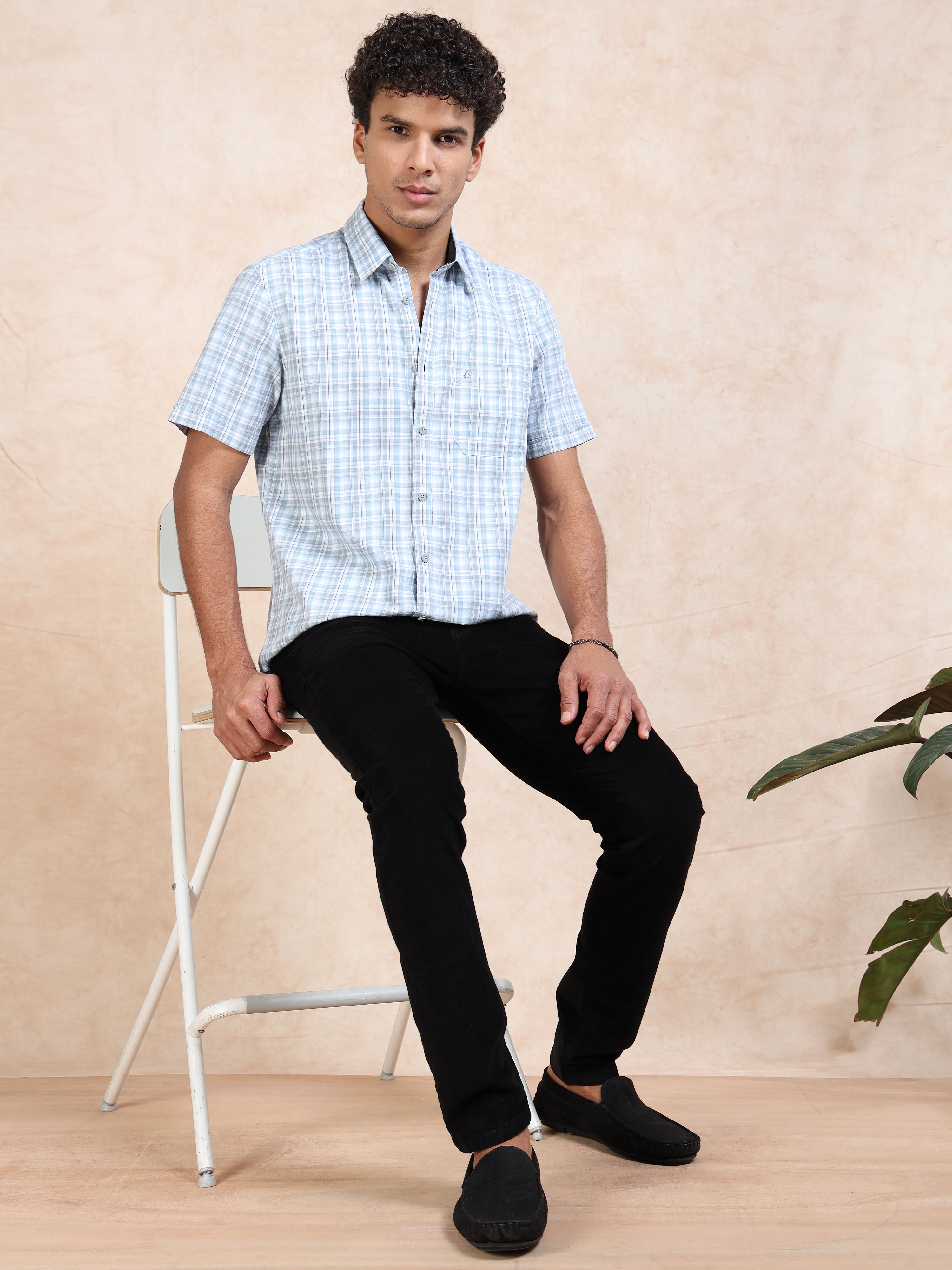MEN'S LT.BLUE CHECKS SLIM FIT SHIRT