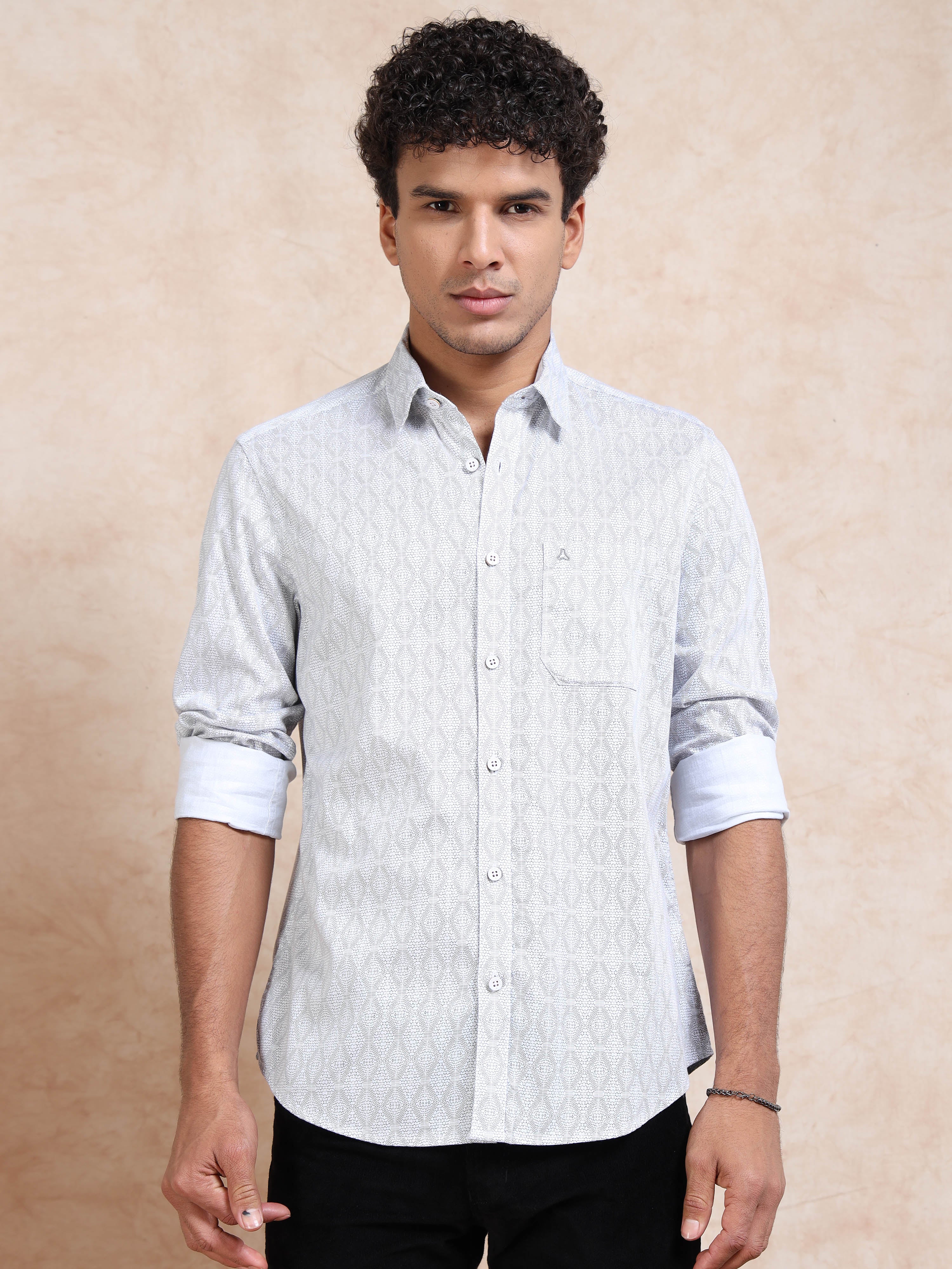 MEN'S WHITE PRINT SLIM FIT SHIRT
