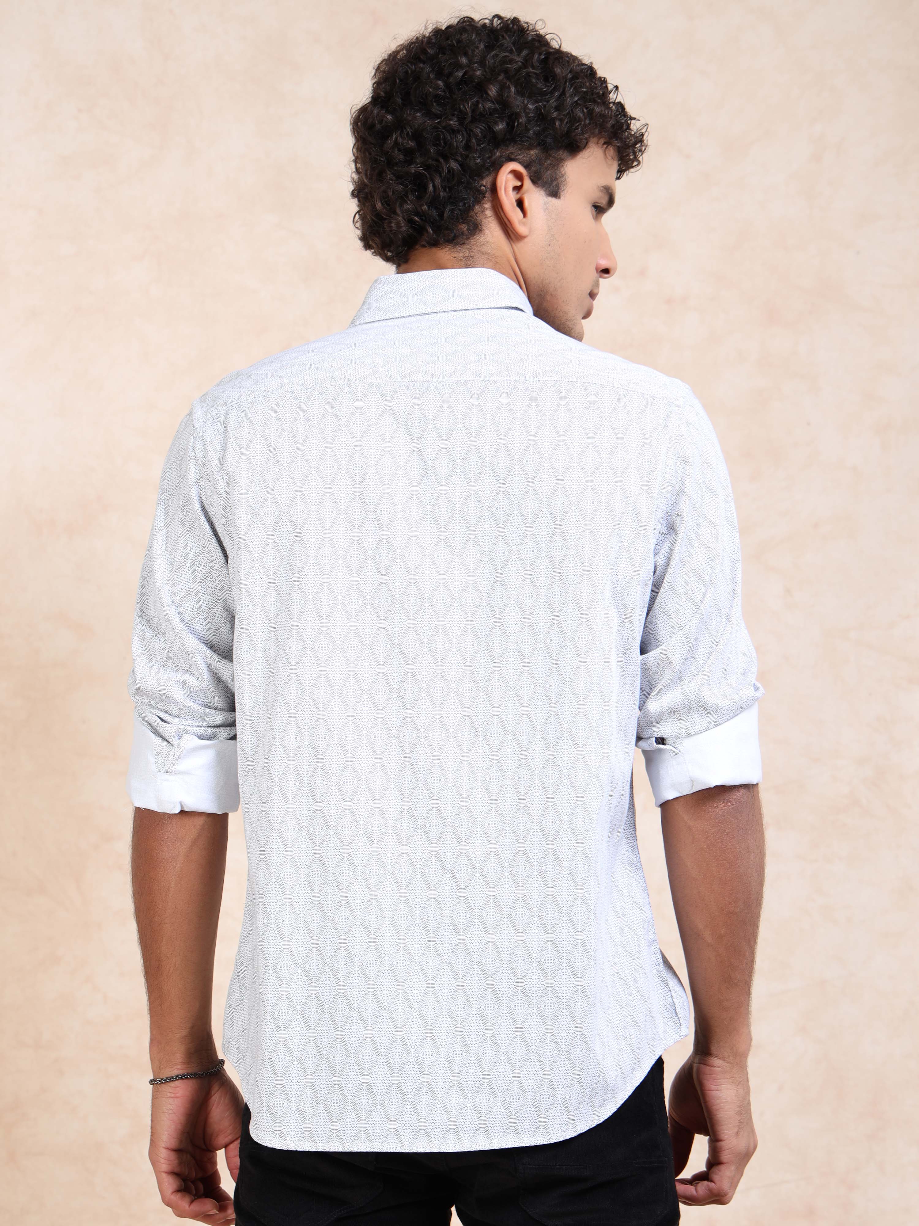 MEN'S WHITE PRINT SLIM FIT SHIRT