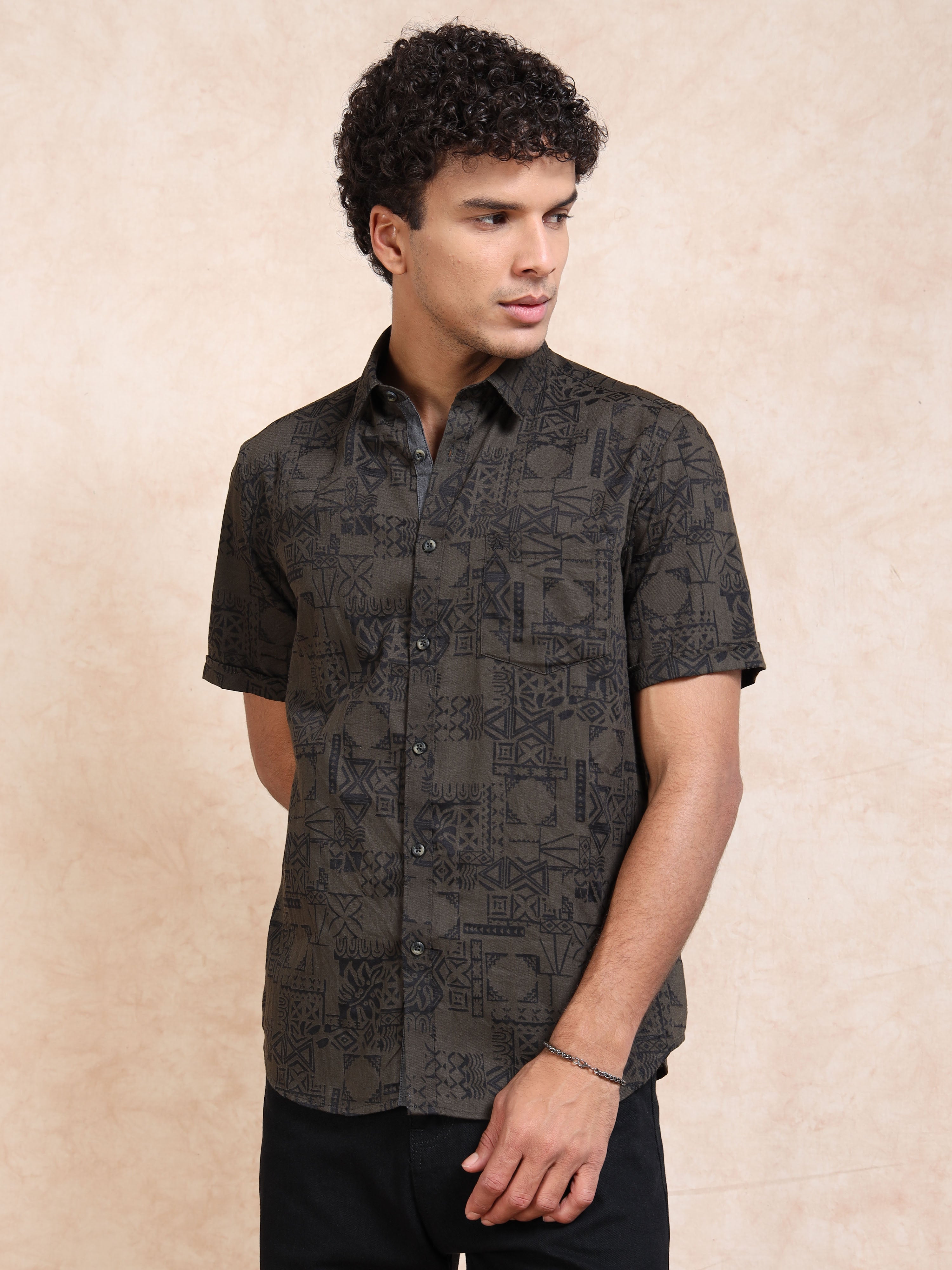 MEN'S GREEN SELF DESIGN SLIM FIT SHIRT