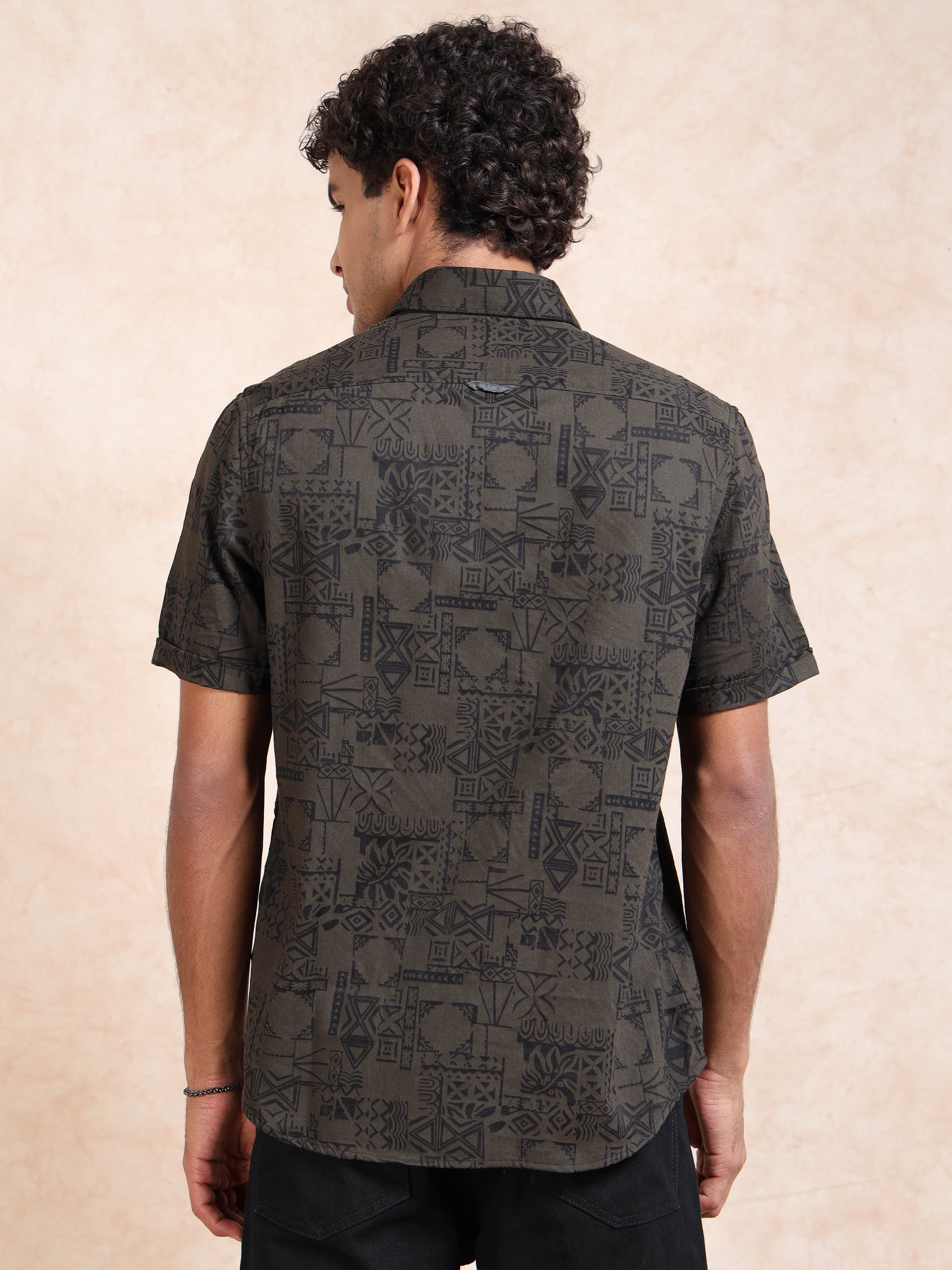 MEN'S GREEN SELF DESIGN SLIM FIT SHIRT