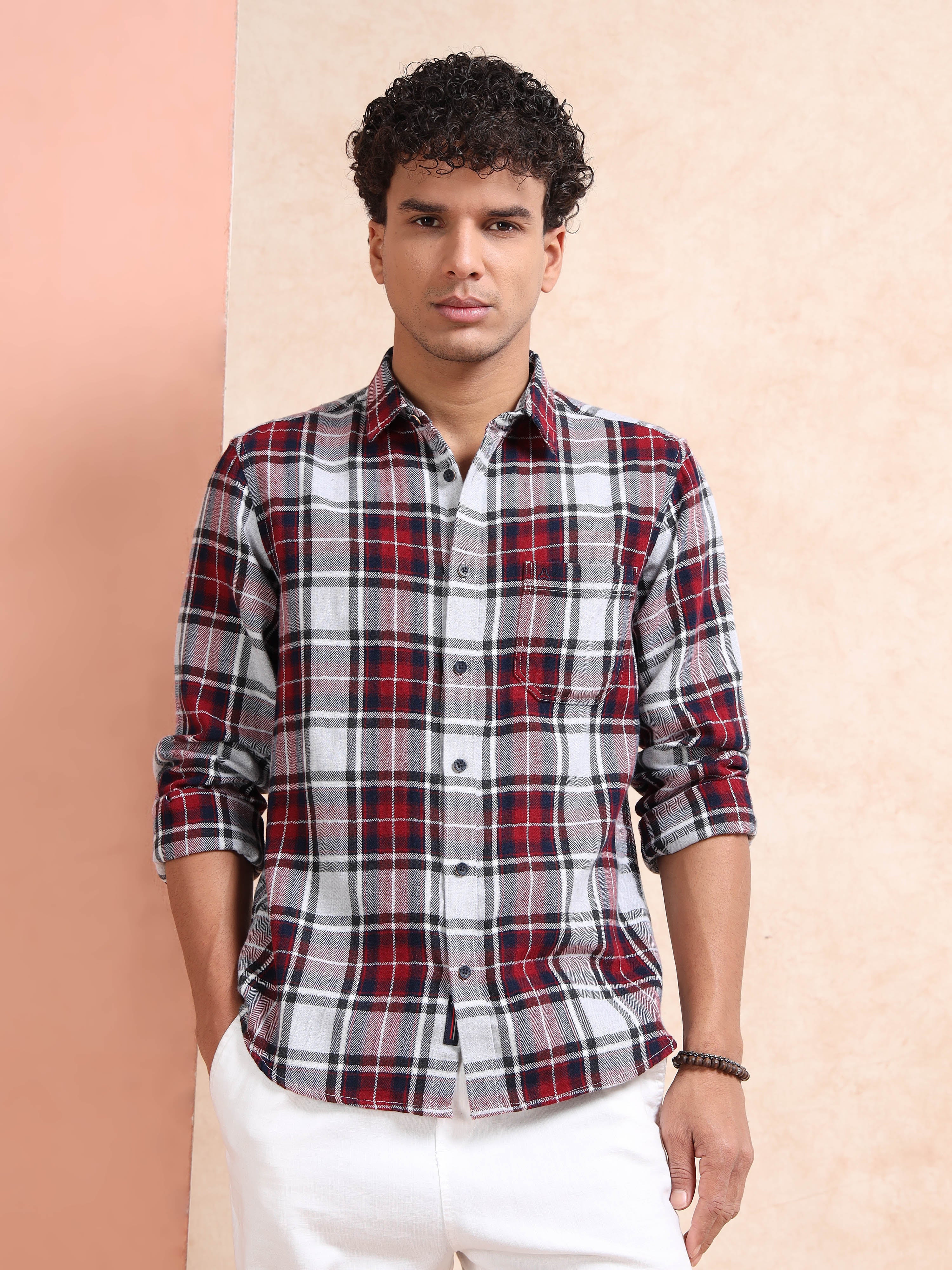 MEN'S MAROON CHECKS SLIM FIT SHIRT