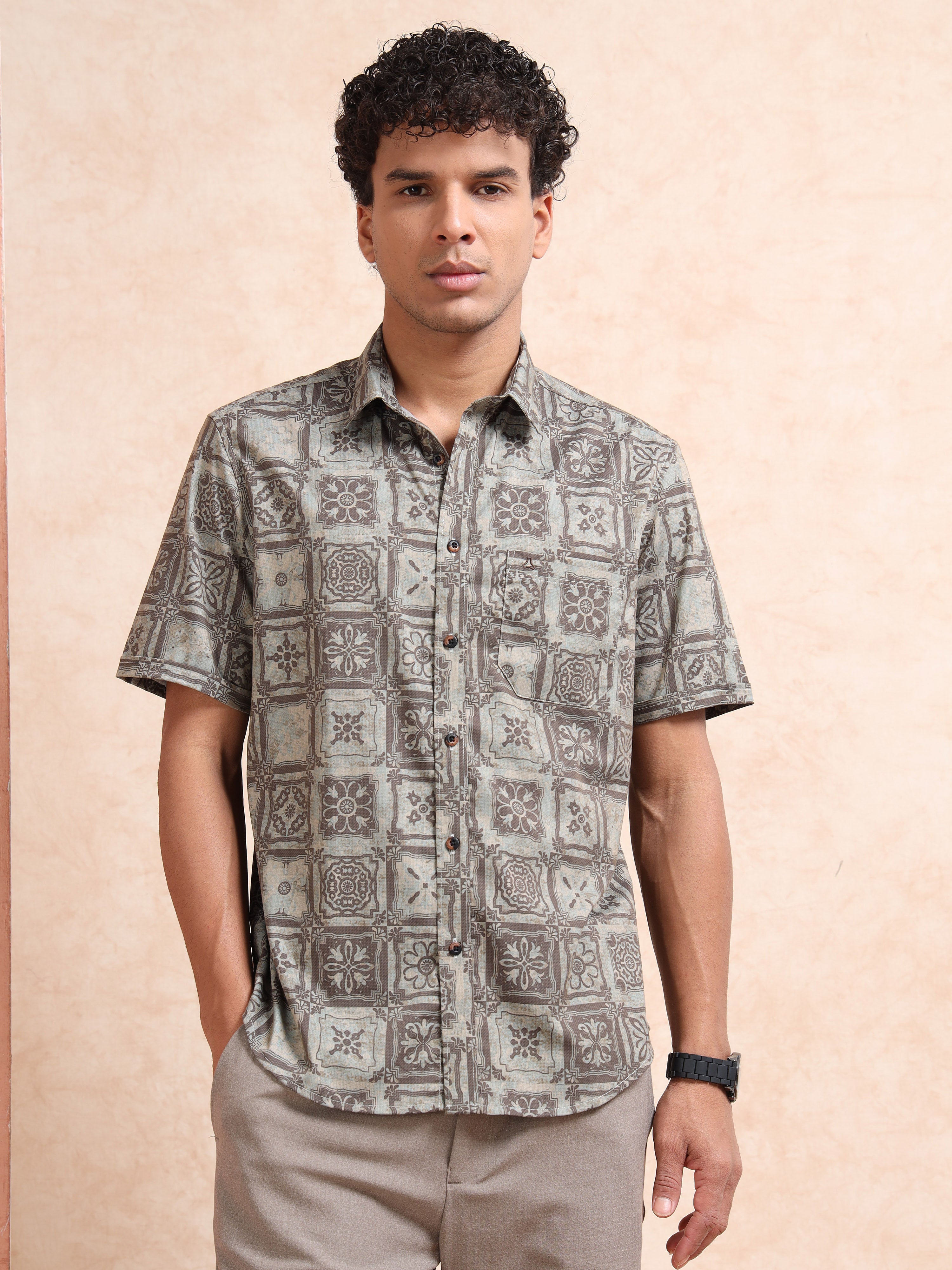 MEN'S DK.BEIGE PRINT SLIM FIT SHIRT