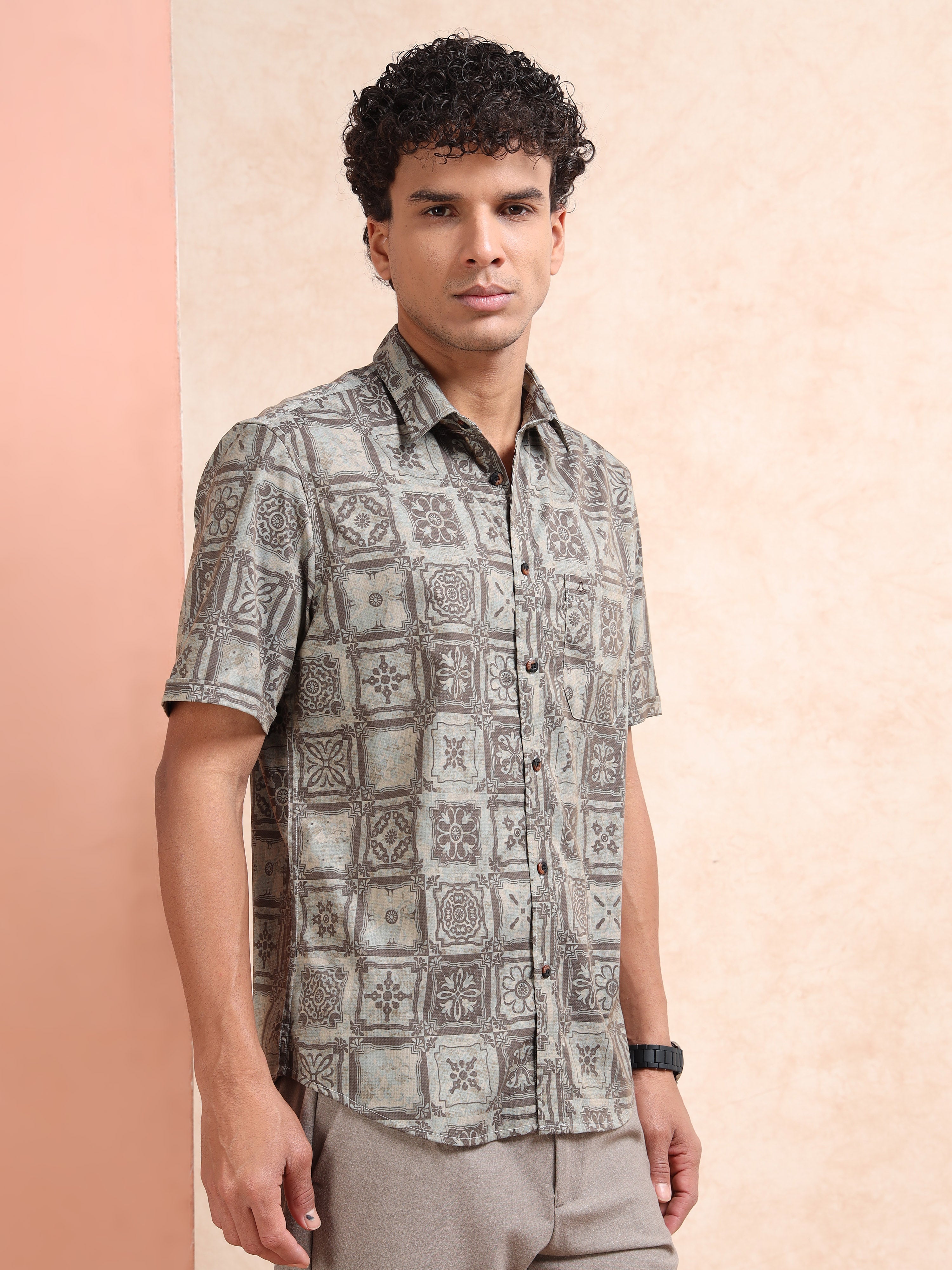 MEN'S DK.BEIGE PRINT SLIM FIT SHIRT