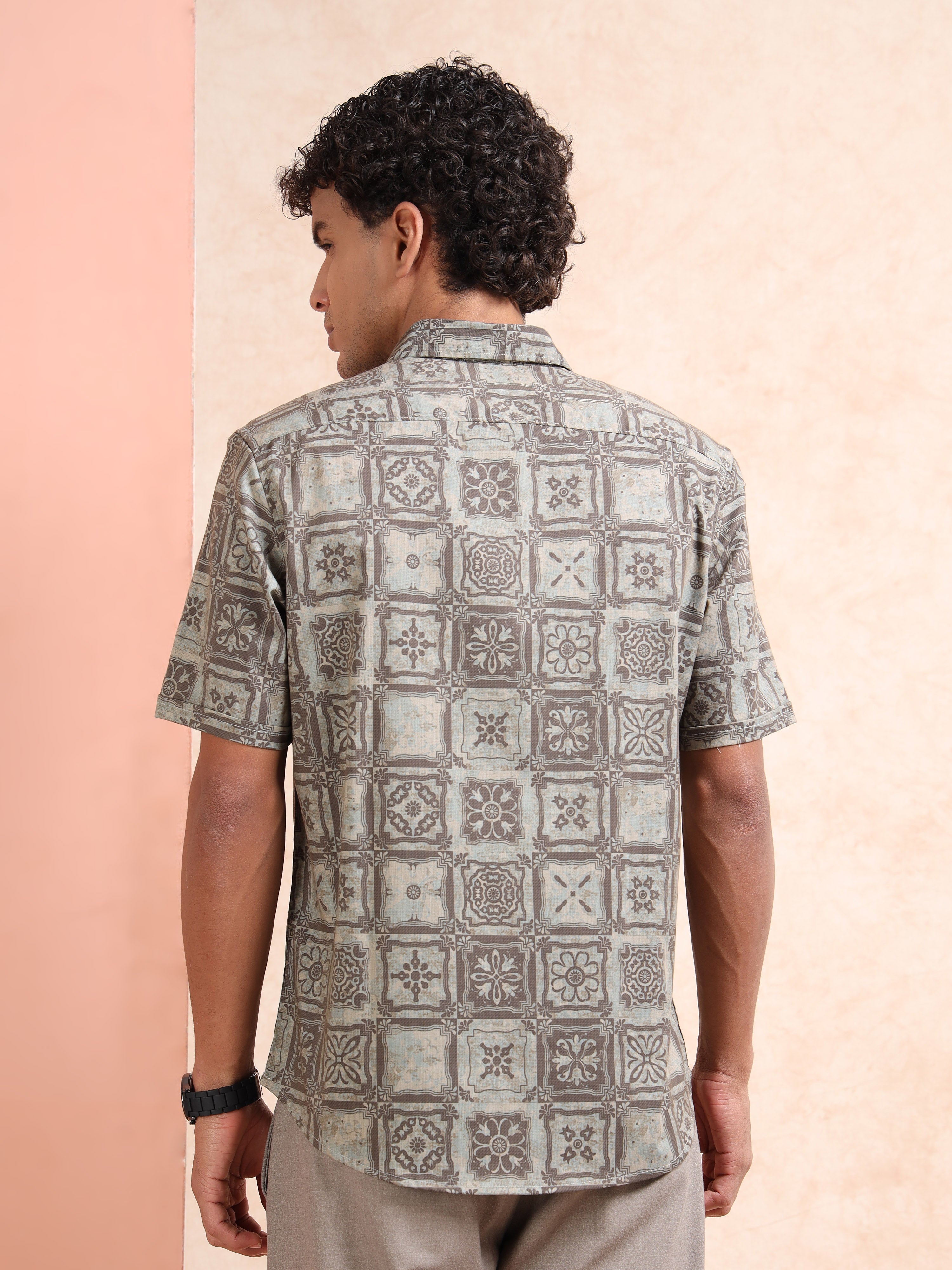 MEN'S DK.BEIGE PRINT SLIM FIT SHIRT