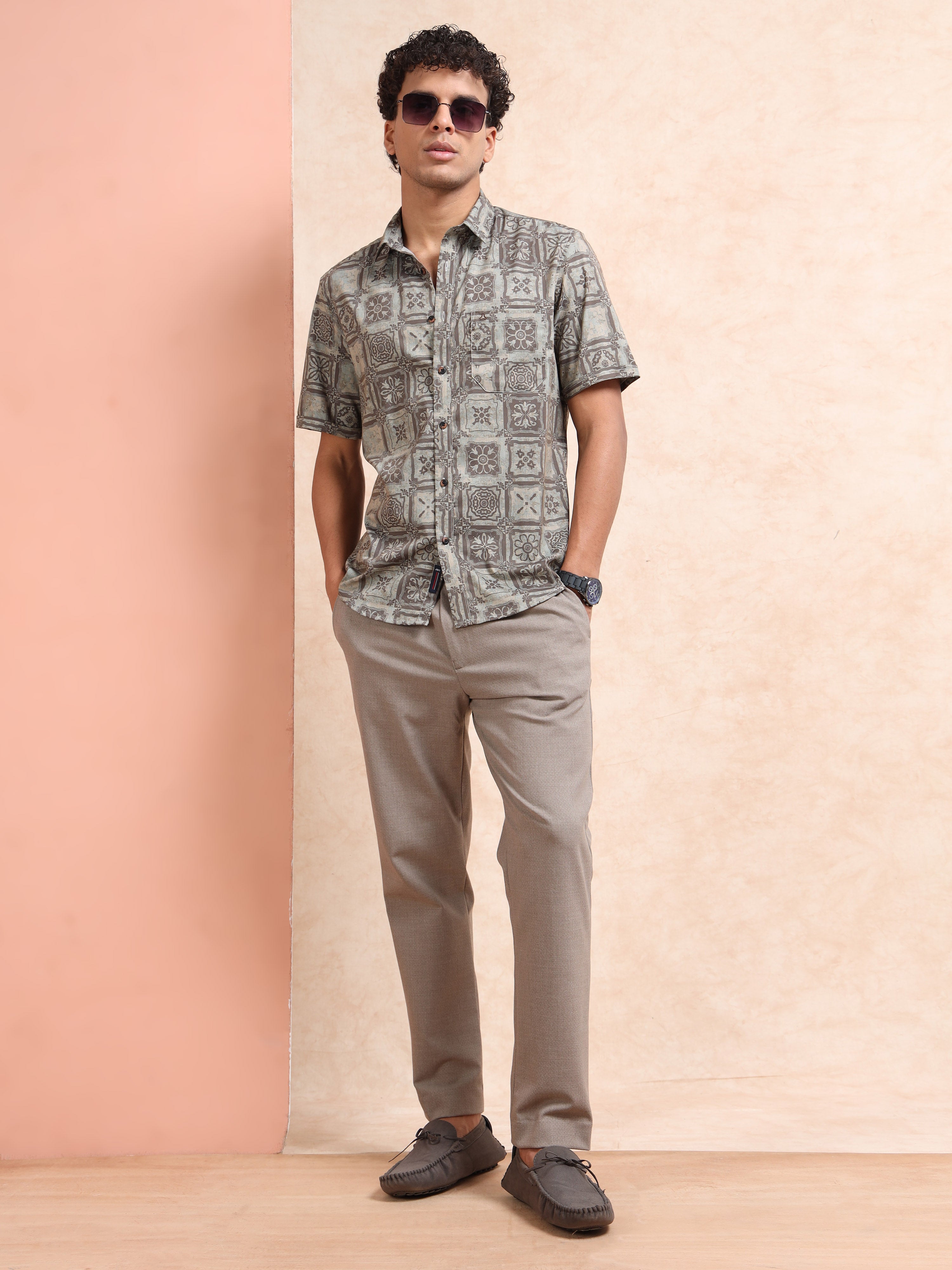 MEN'S DK.BEIGE PRINT SLIM FIT SHIRT