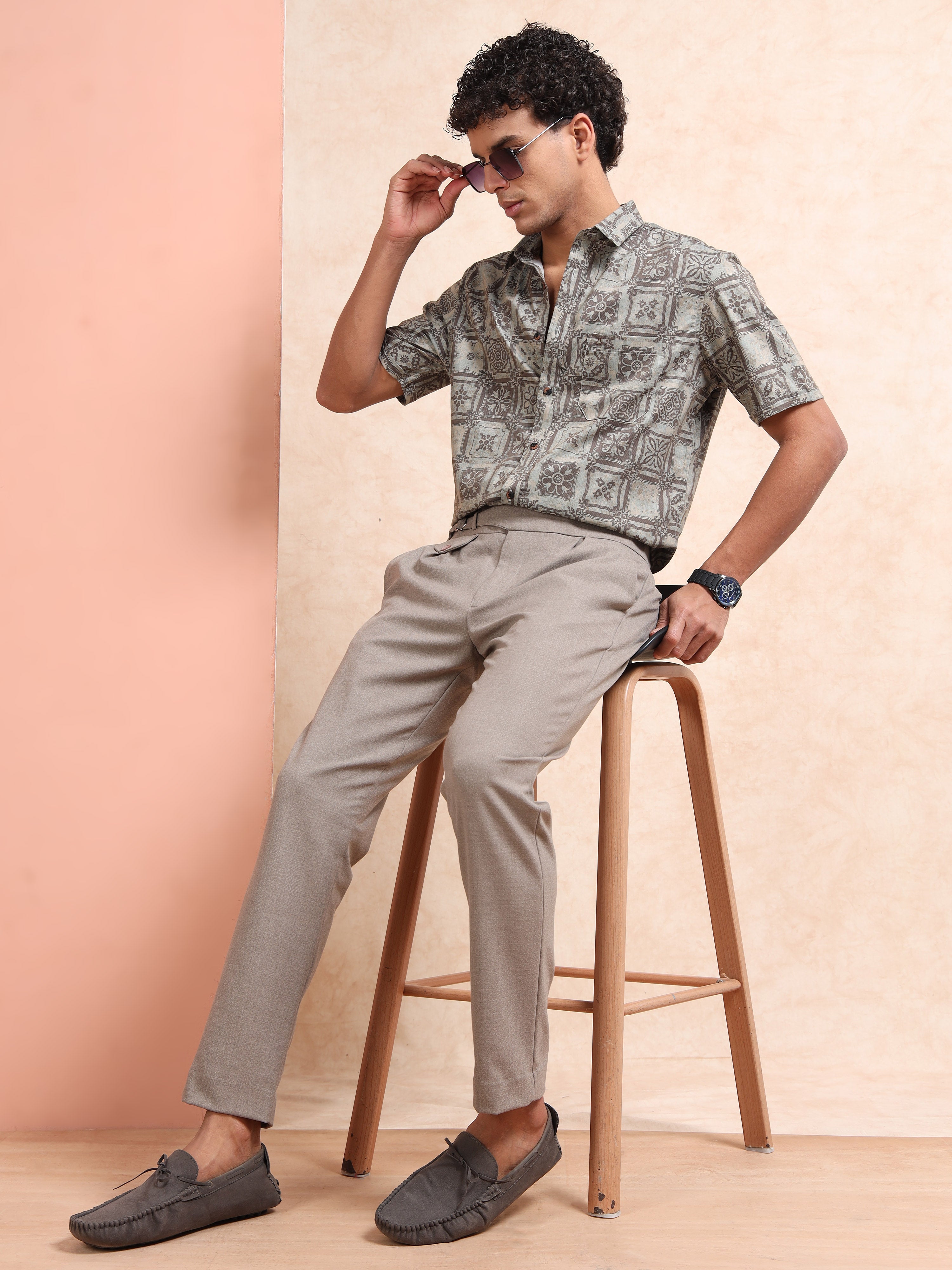 MEN'S DK.BEIGE PRINT SLIM FIT SHIRT