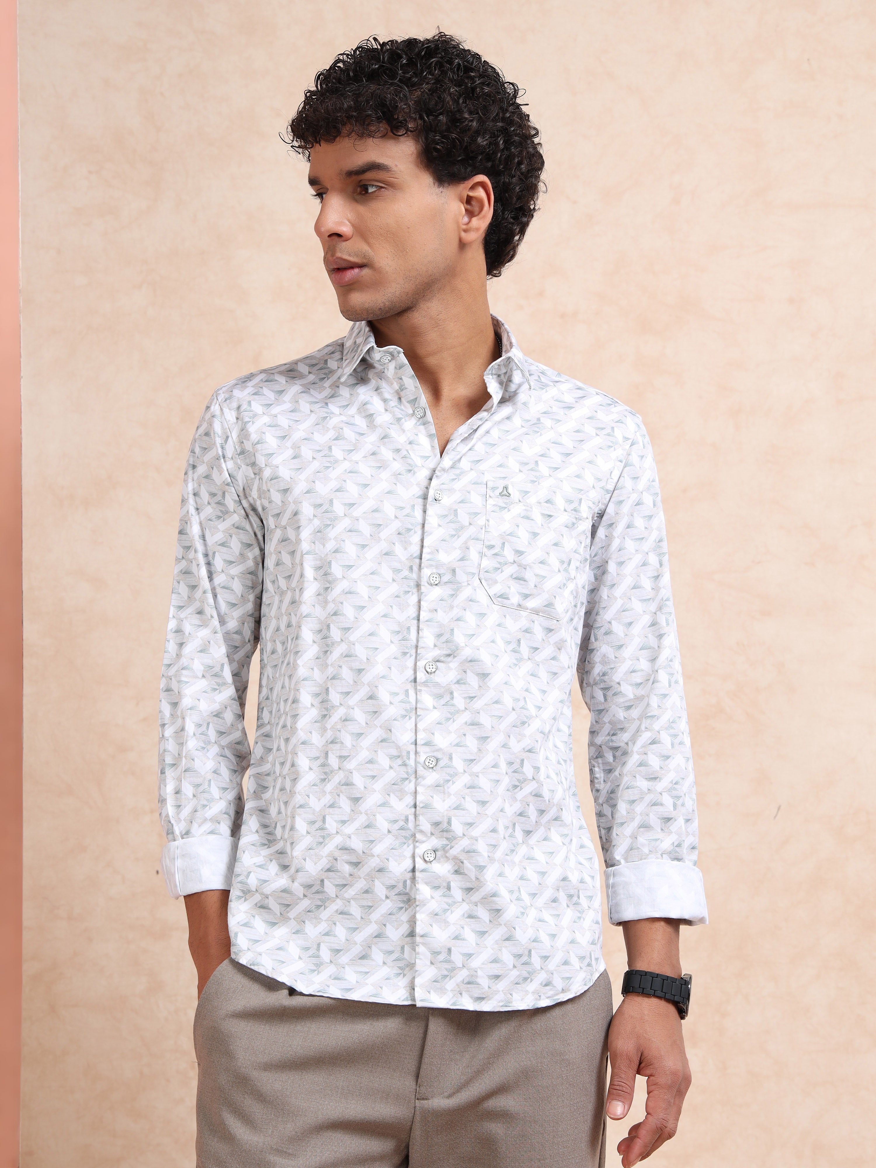 MEN'S BEIGE PRINT SLIM FIT SHIRT