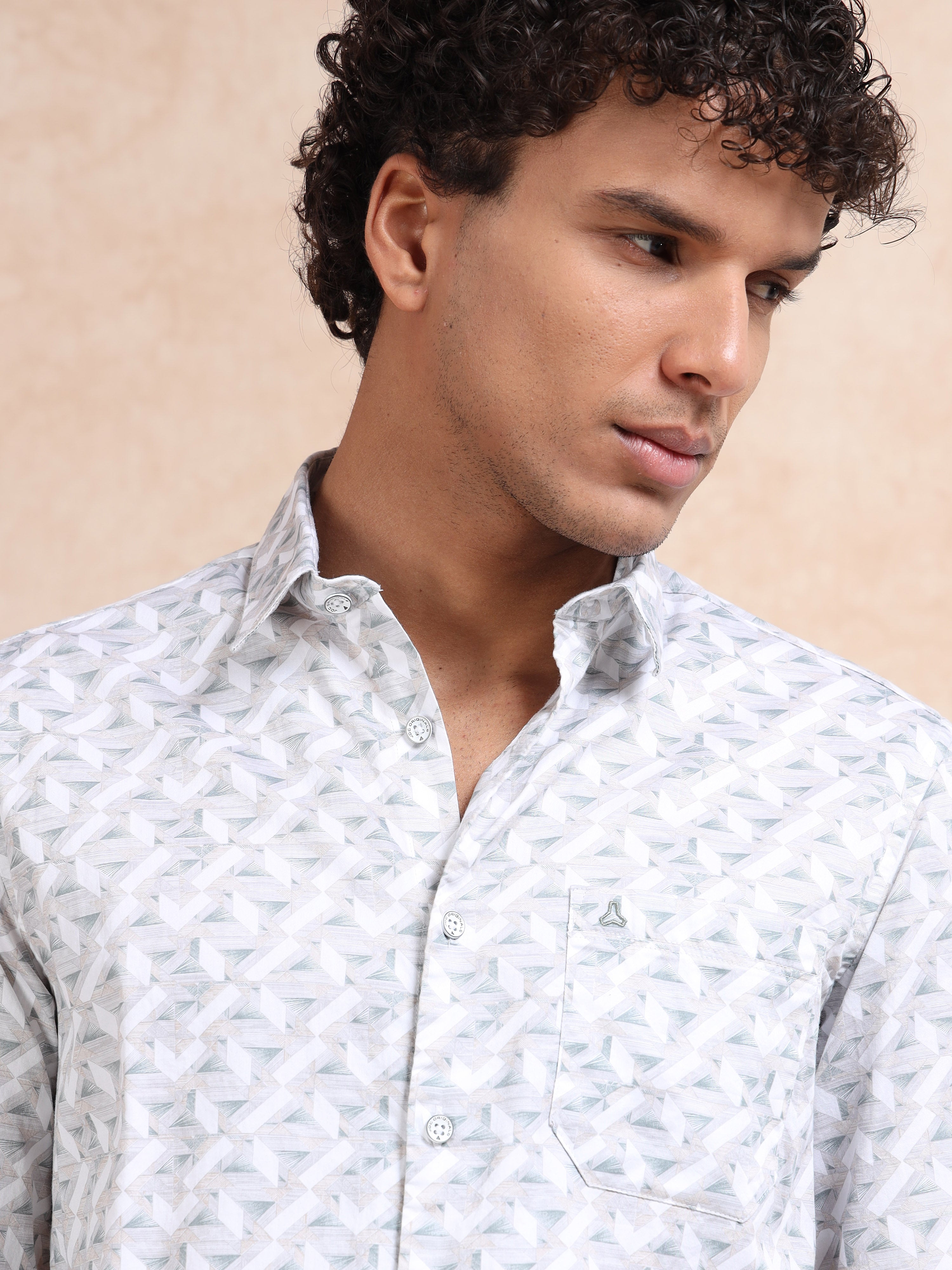 MEN'S BEIGE PRINT SLIM FIT SHIRT