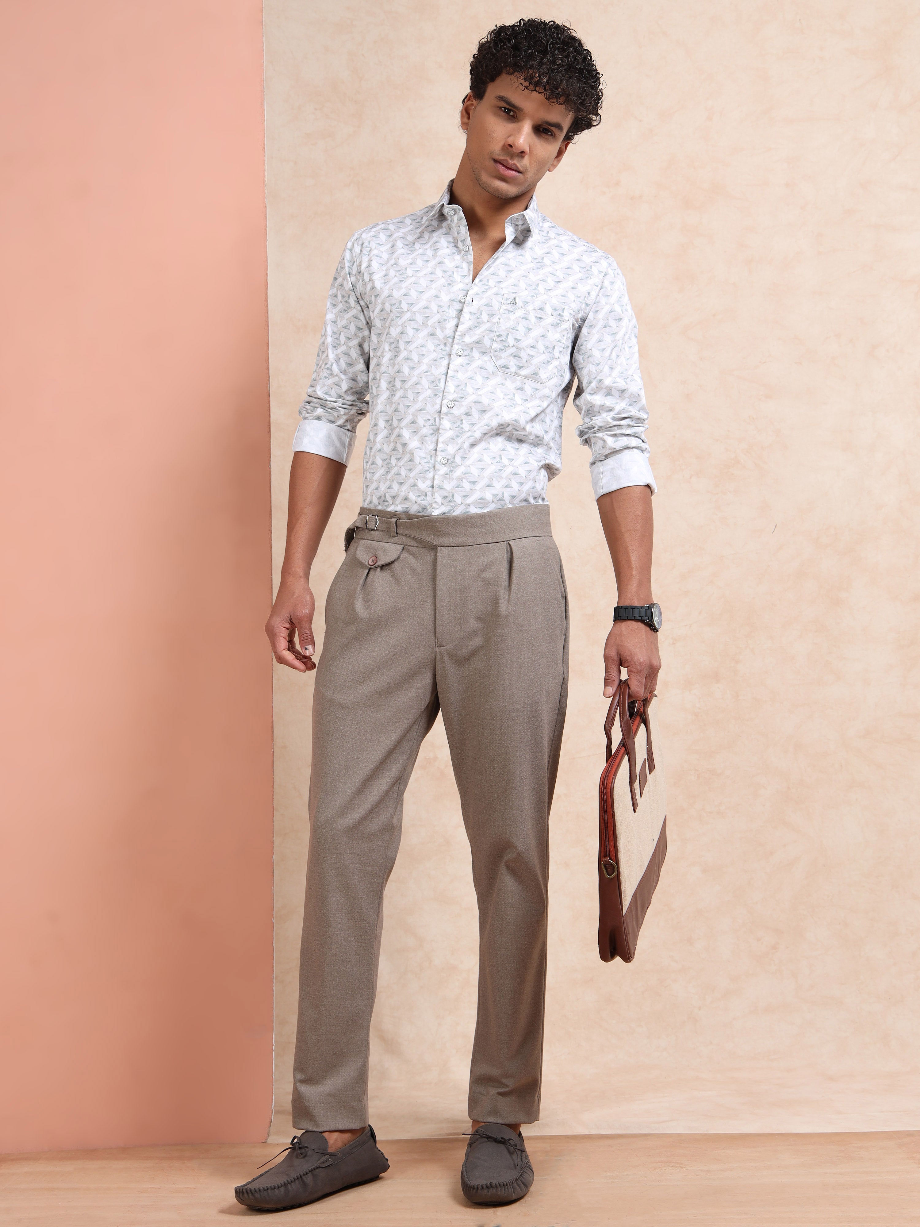 MEN'S BEIGE PRINT SLIM FIT SHIRT