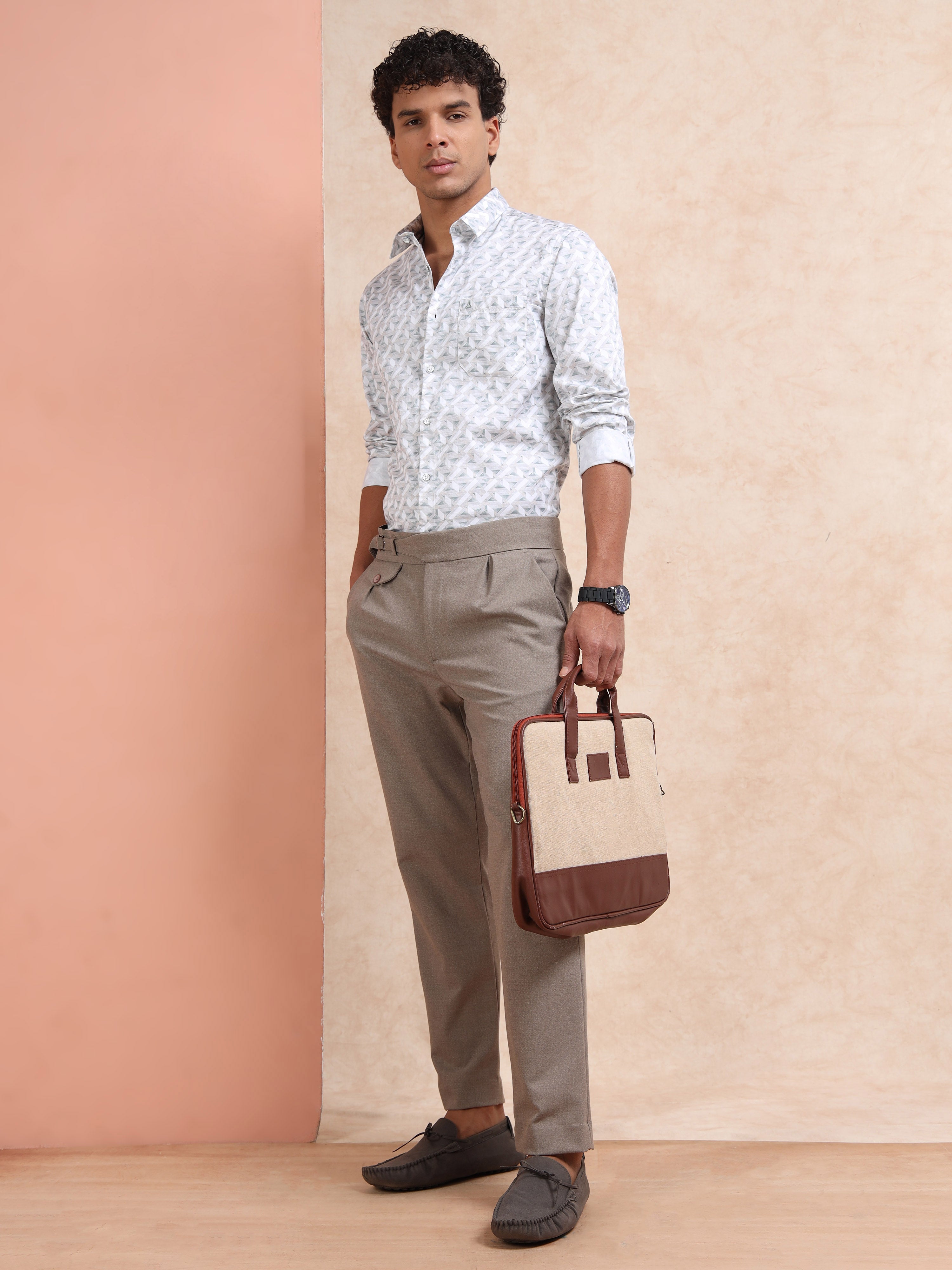 MEN'S BEIGE PRINT SLIM FIT SHIRT