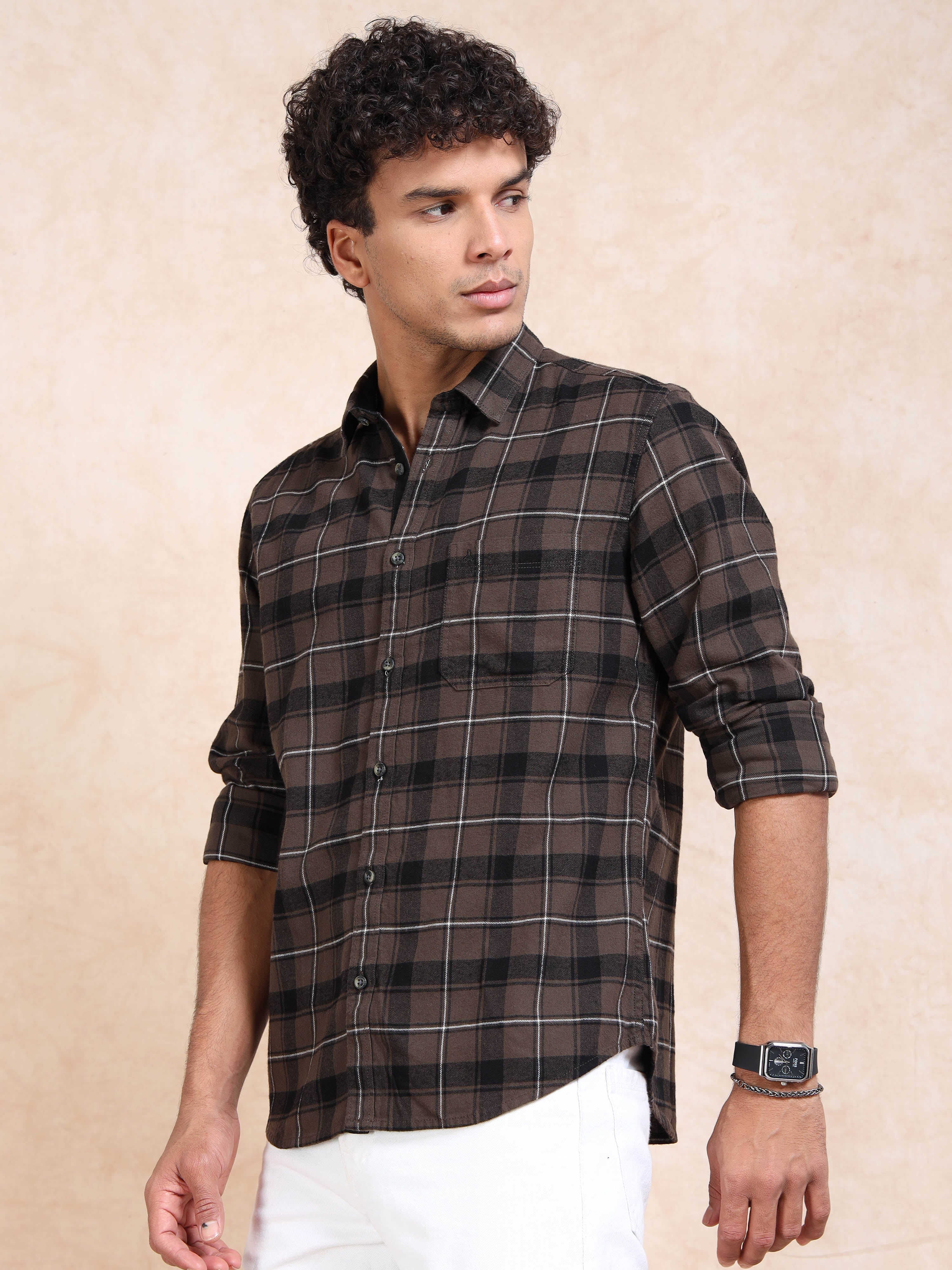 MEN'S DK.BEIGE BRUSHING CHECKS SLIM FIT SHIRT