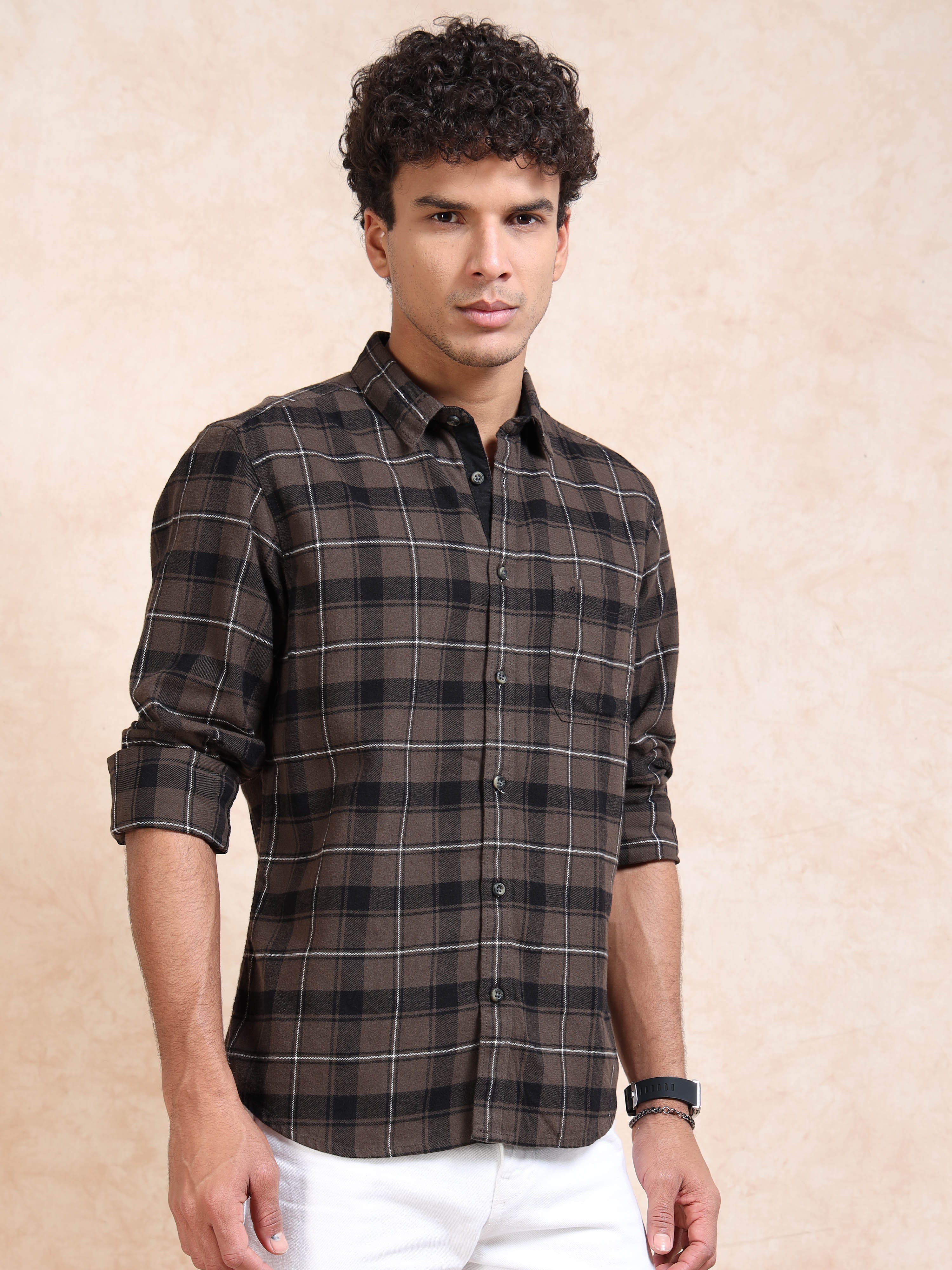 MEN'S DK.BEIGE BRUSHING CHECKS SLIM FIT SHIRT