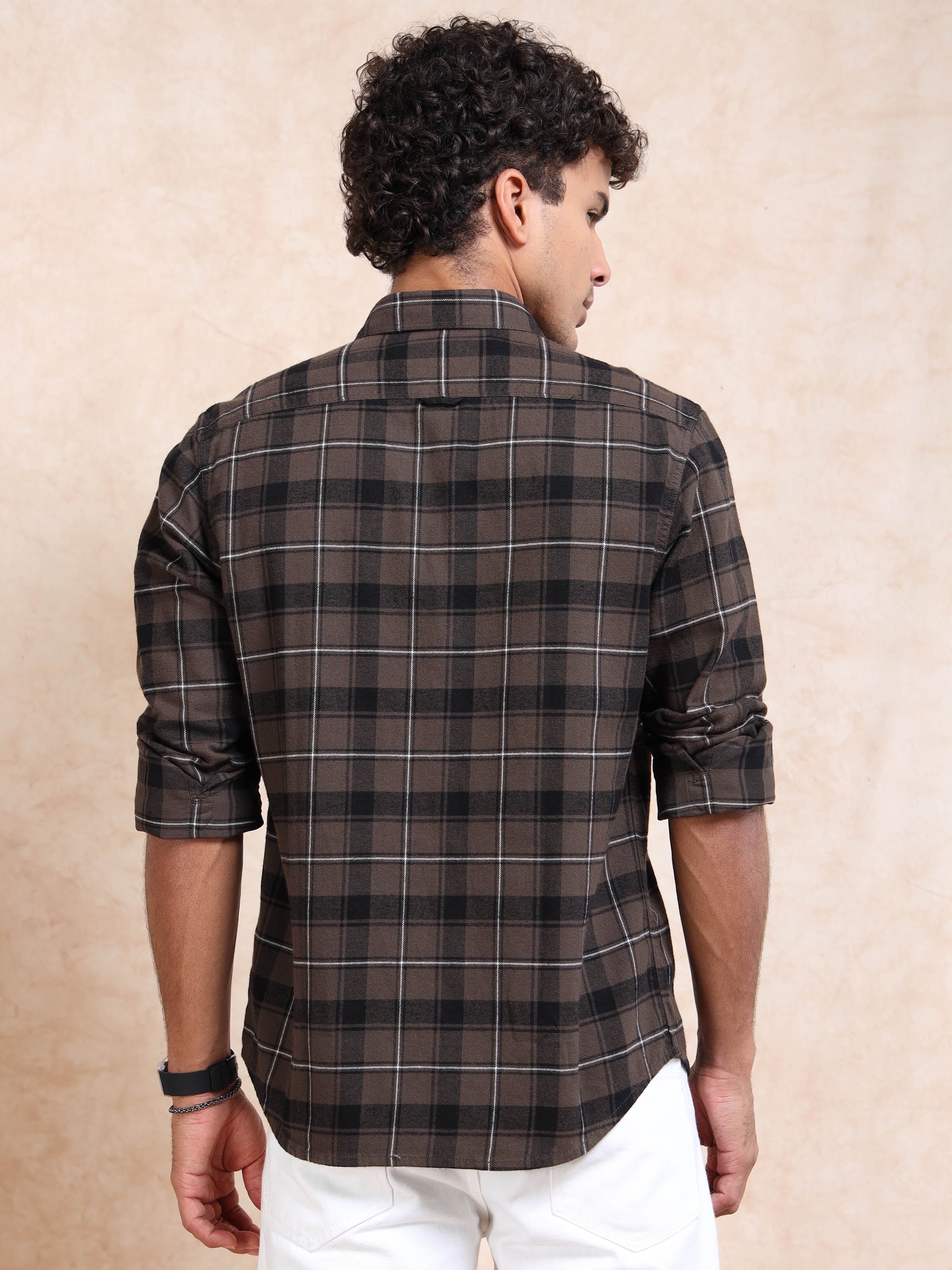 MEN'S DK.BEIGE BRUSHING CHECKS SLIM FIT SHIRT