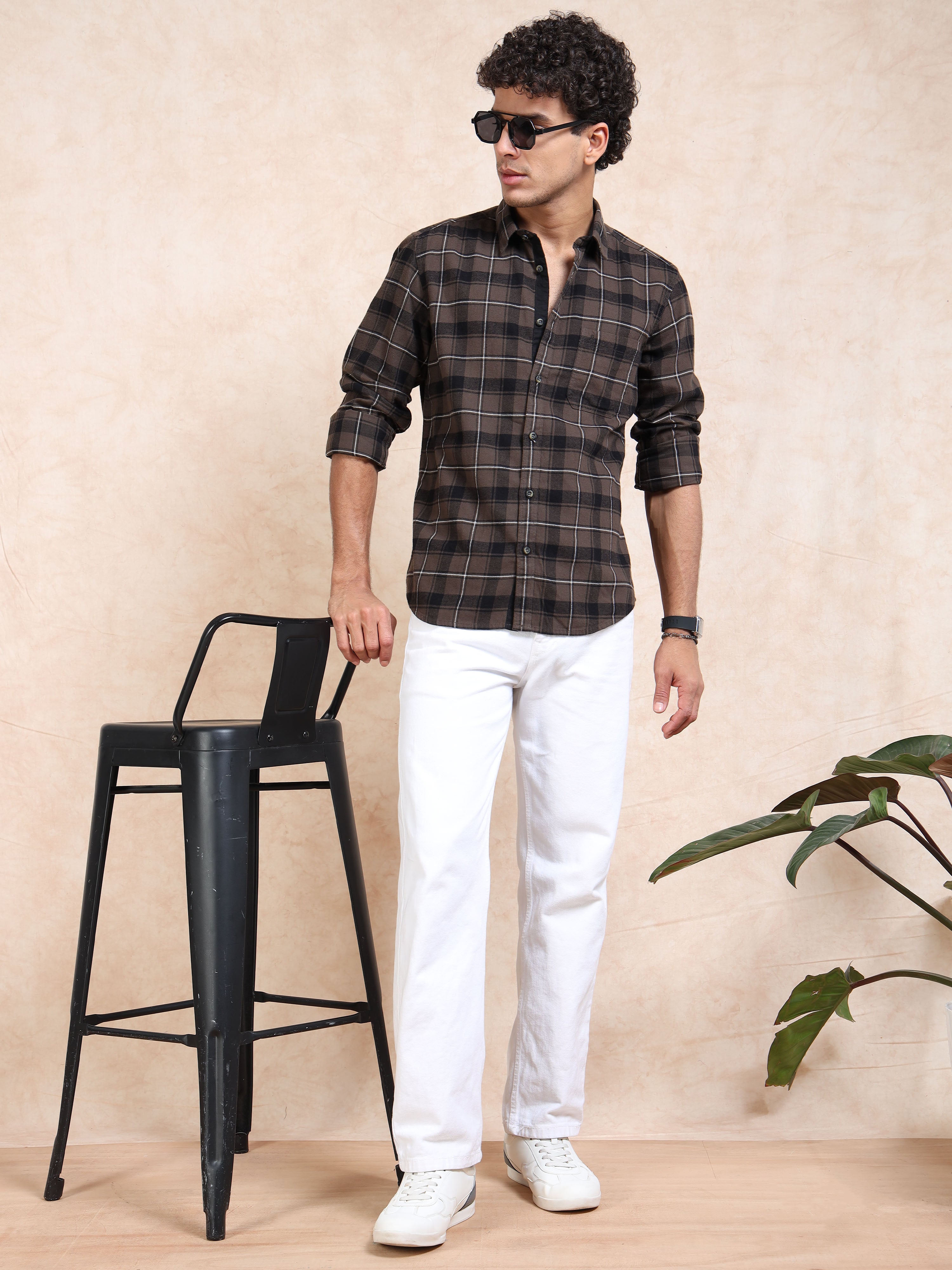 MEN'S DK.BEIGE BRUSHING CHECKS SLIM FIT SHIRT