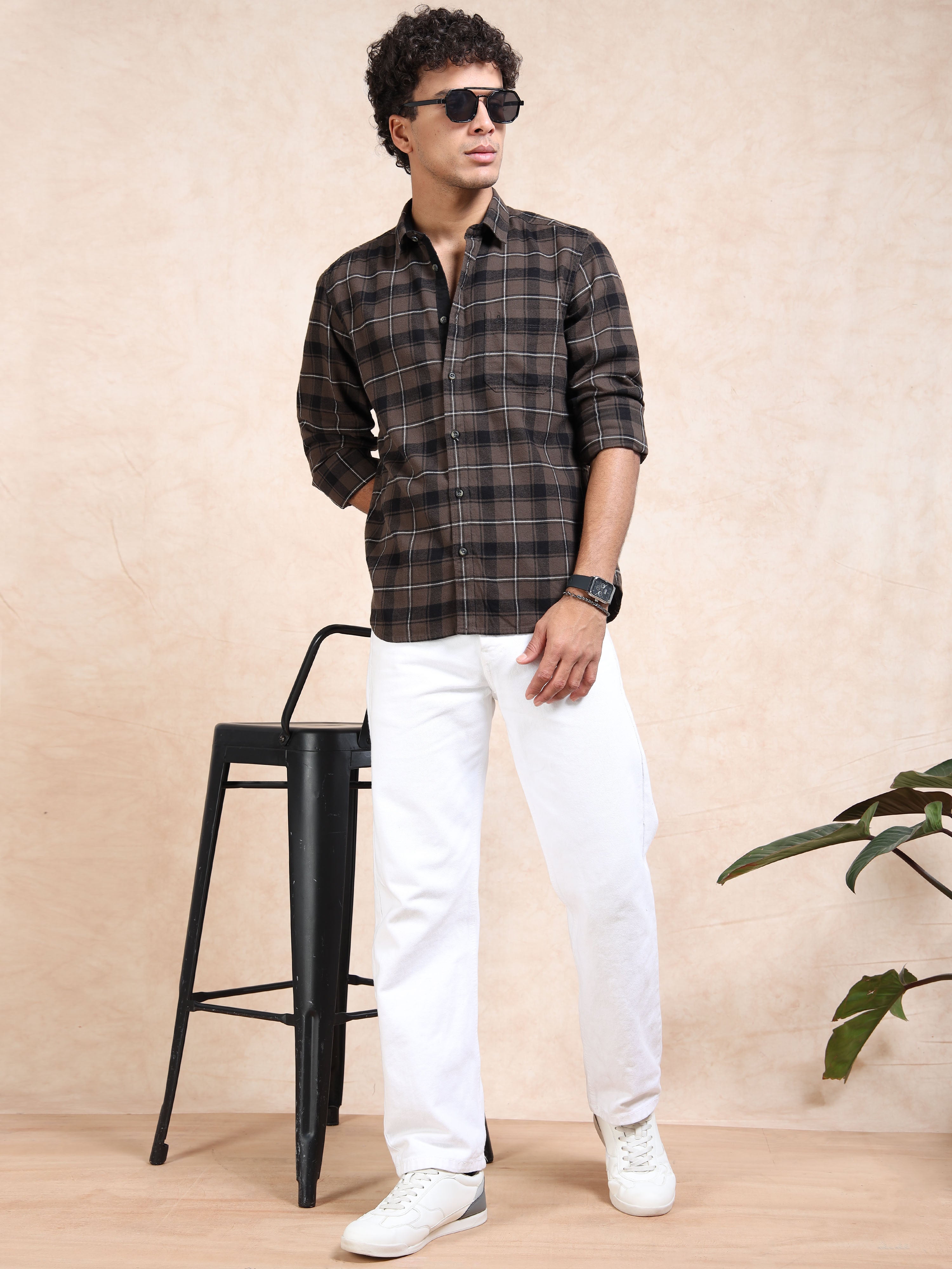 MEN'S DK.BEIGE BRUSHING CHECKS SLIM FIT SHIRT