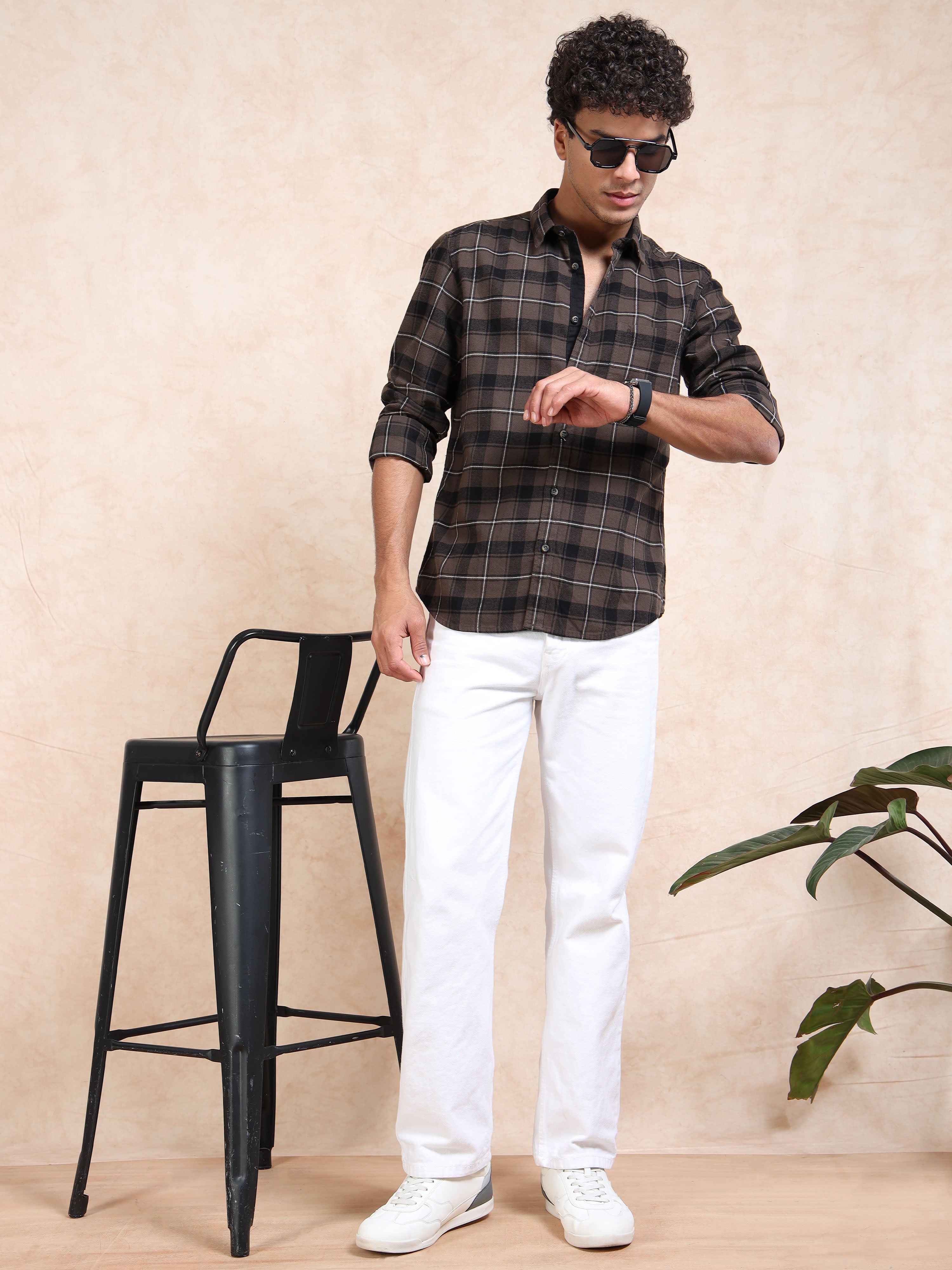 MEN'S DK.BEIGE BRUSHING CHECKS SLIM FIT SHIRT