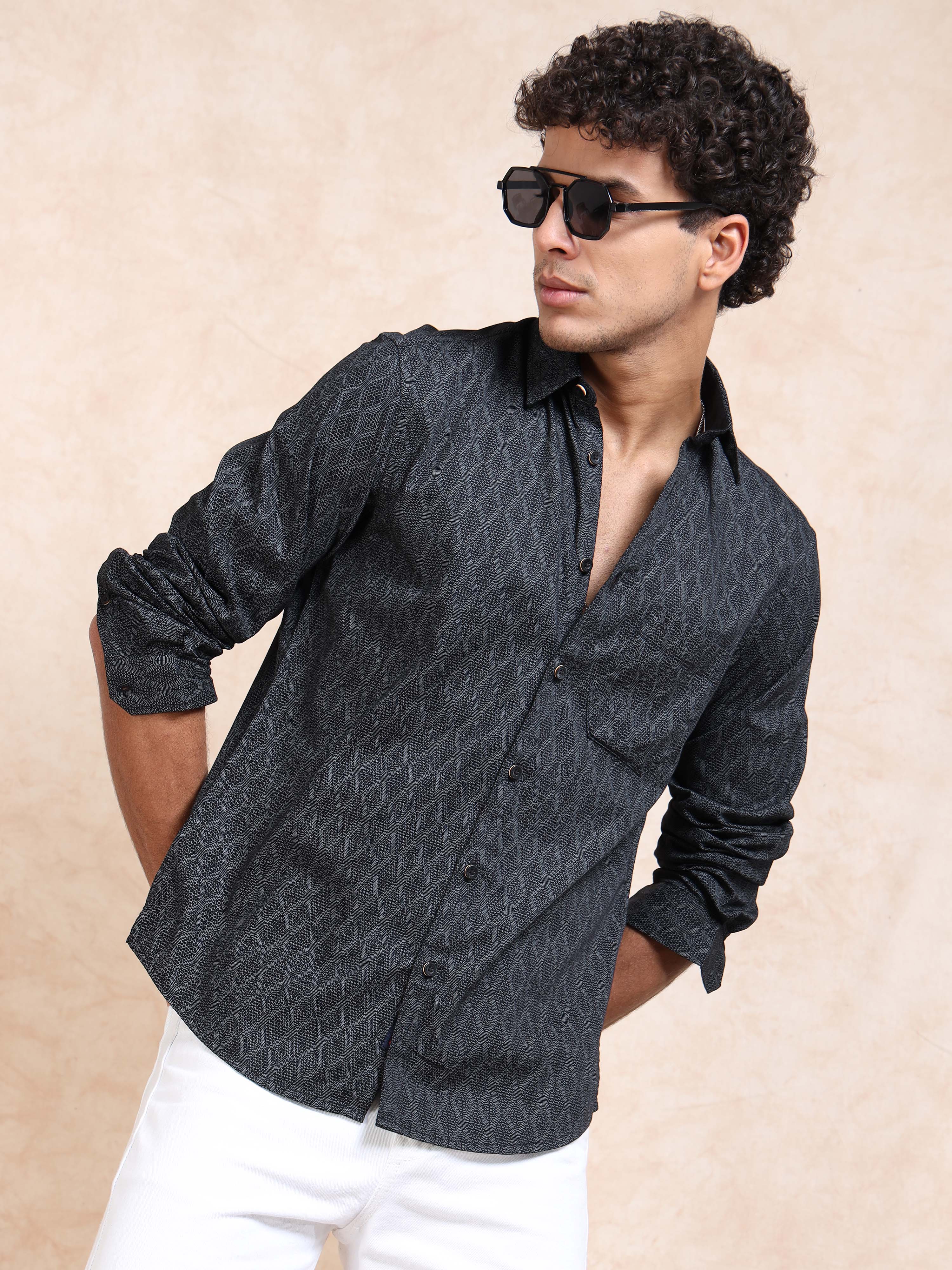 MEN'S BLACK PRINT SLIM FIT SHIRT