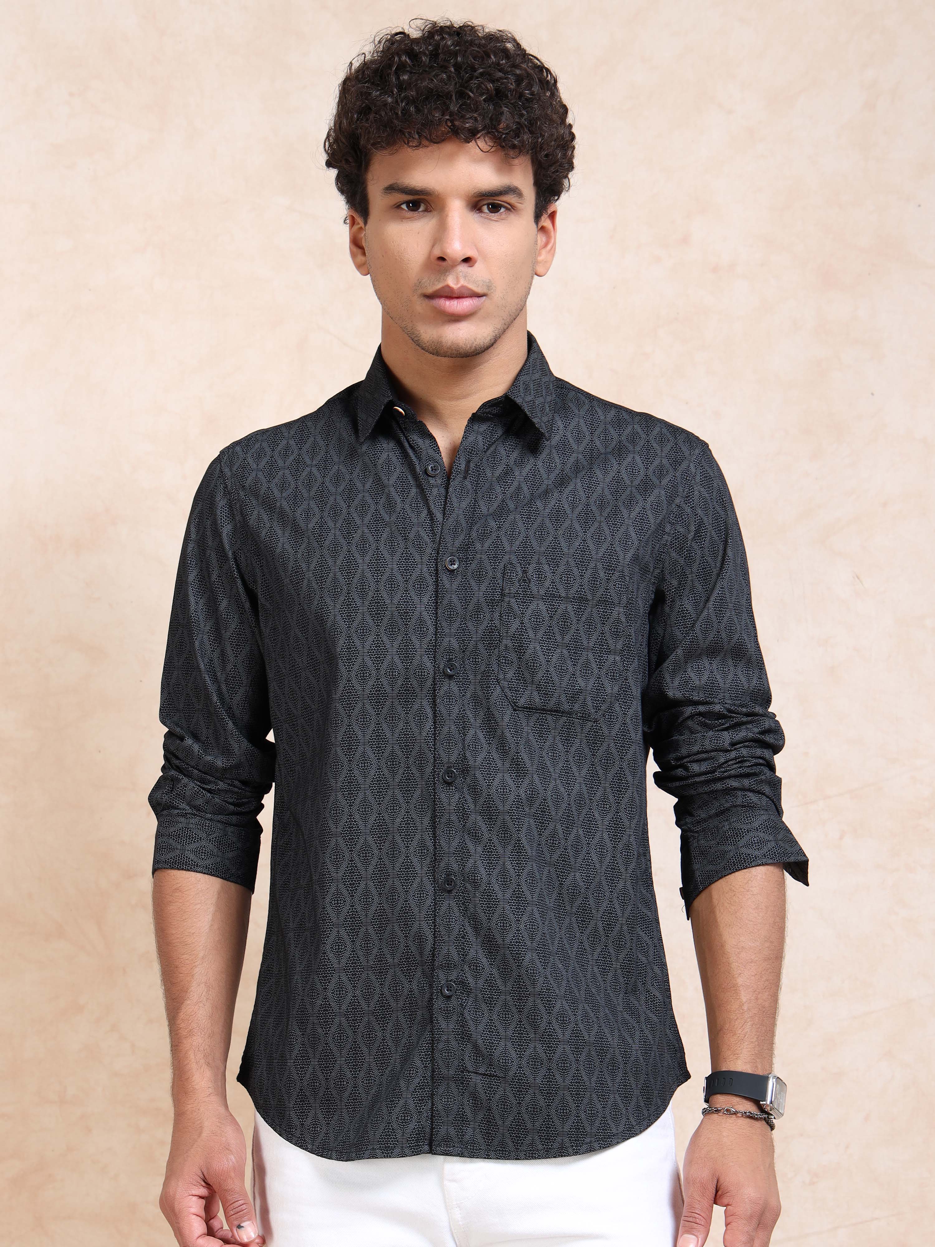 MEN'S BLACK PRINT SLIM FIT SHIRT