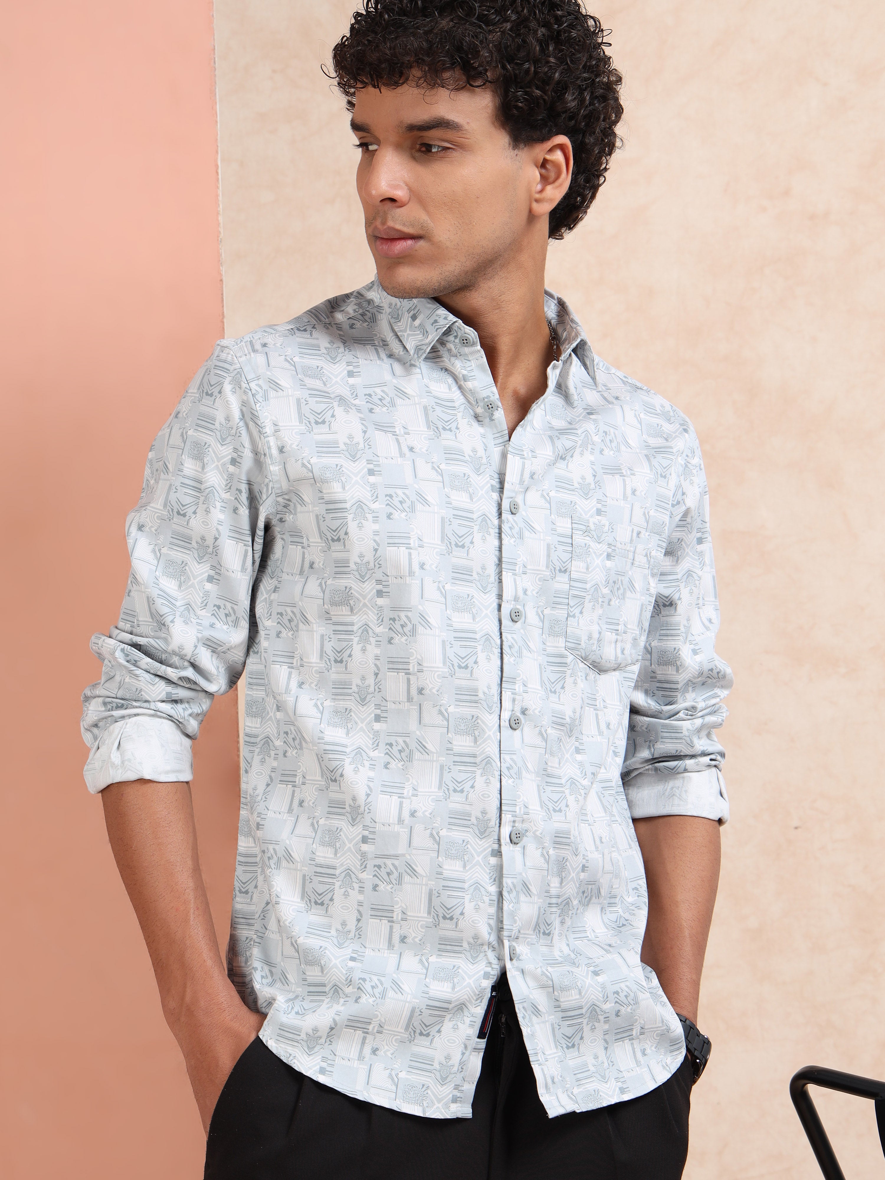 MEN'S LT.BLUE PRINT SLIM FIT SHIRT