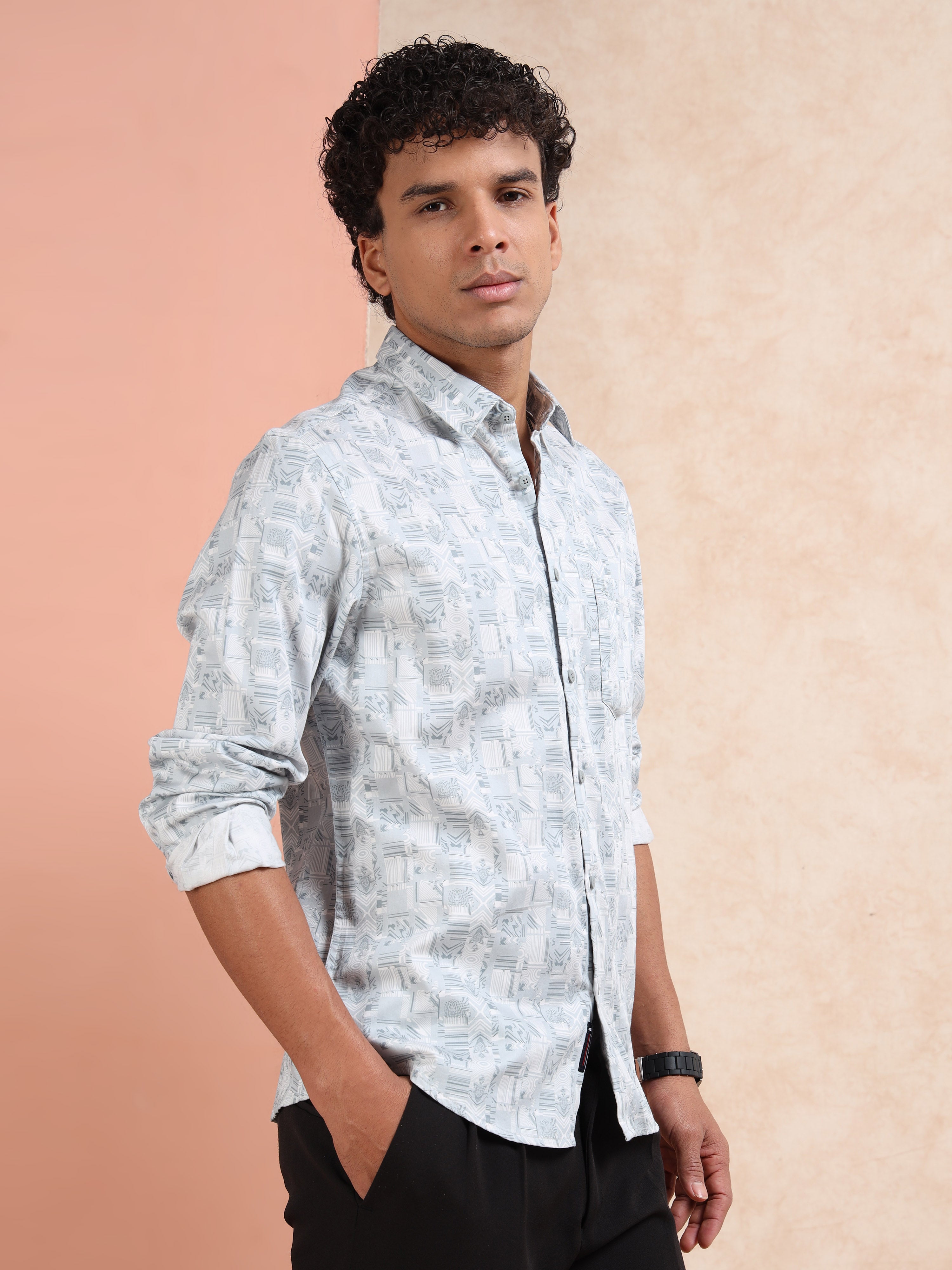 MEN'S LT.BLUE PRINT SLIM FIT SHIRT