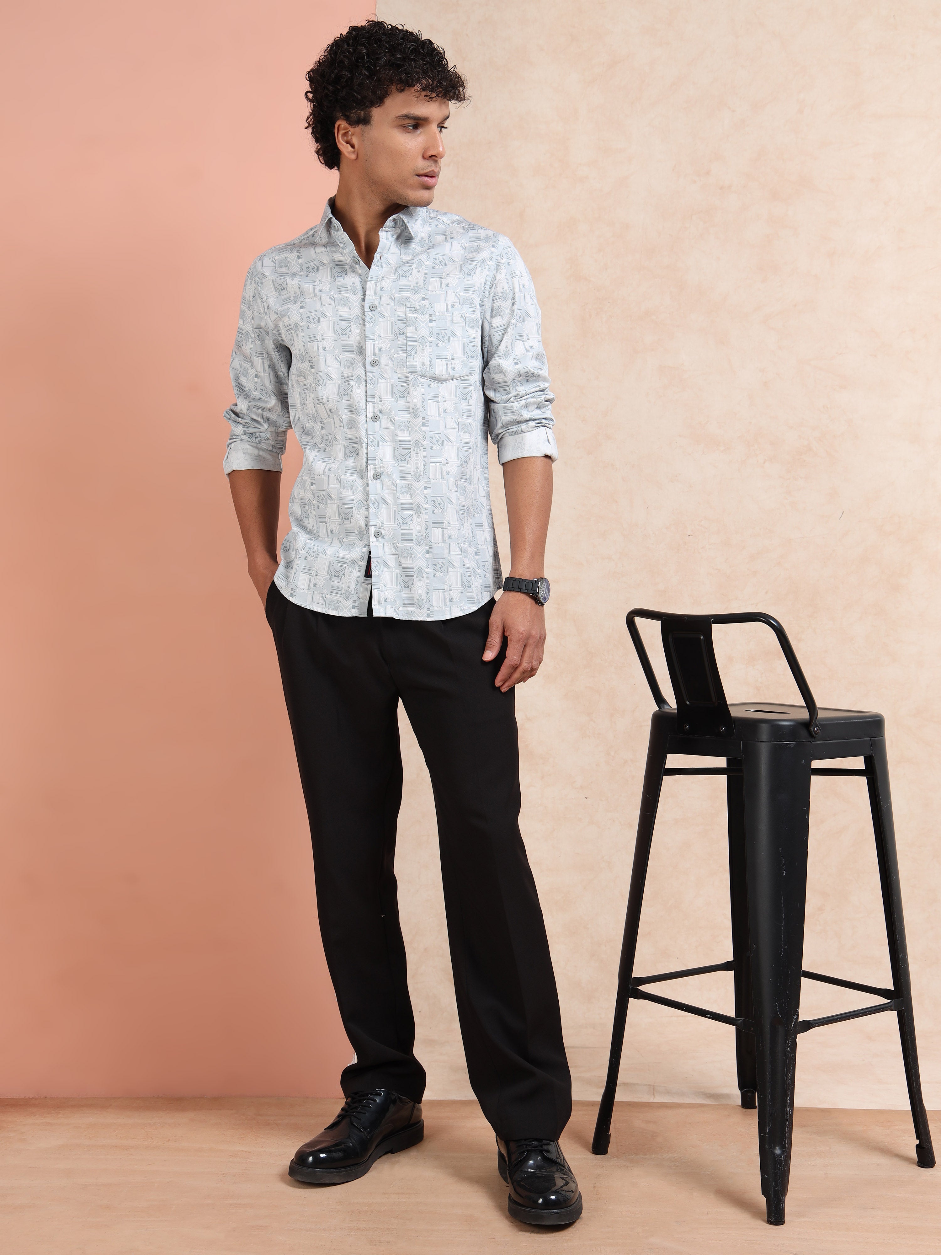 MEN'S LT.BLUE PRINT SLIM FIT SHIRT